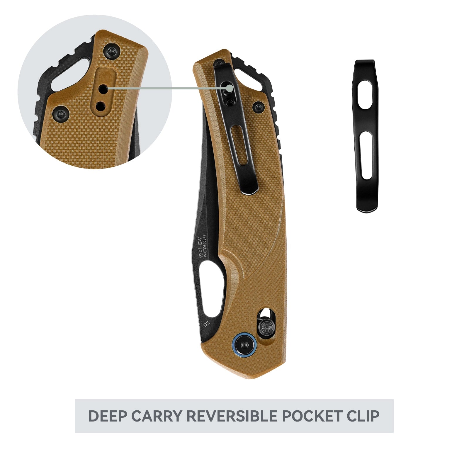 Close-up of SRM Retriever 9201-GW folding hunting knife reversible pocket clip
