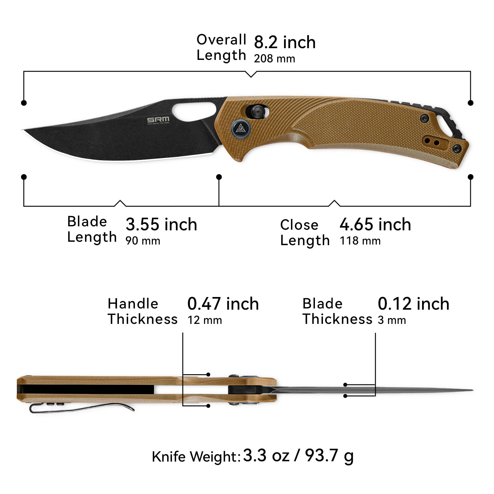 Dimensions and specs of SRM Retriever 9201-GW folding hunting knife