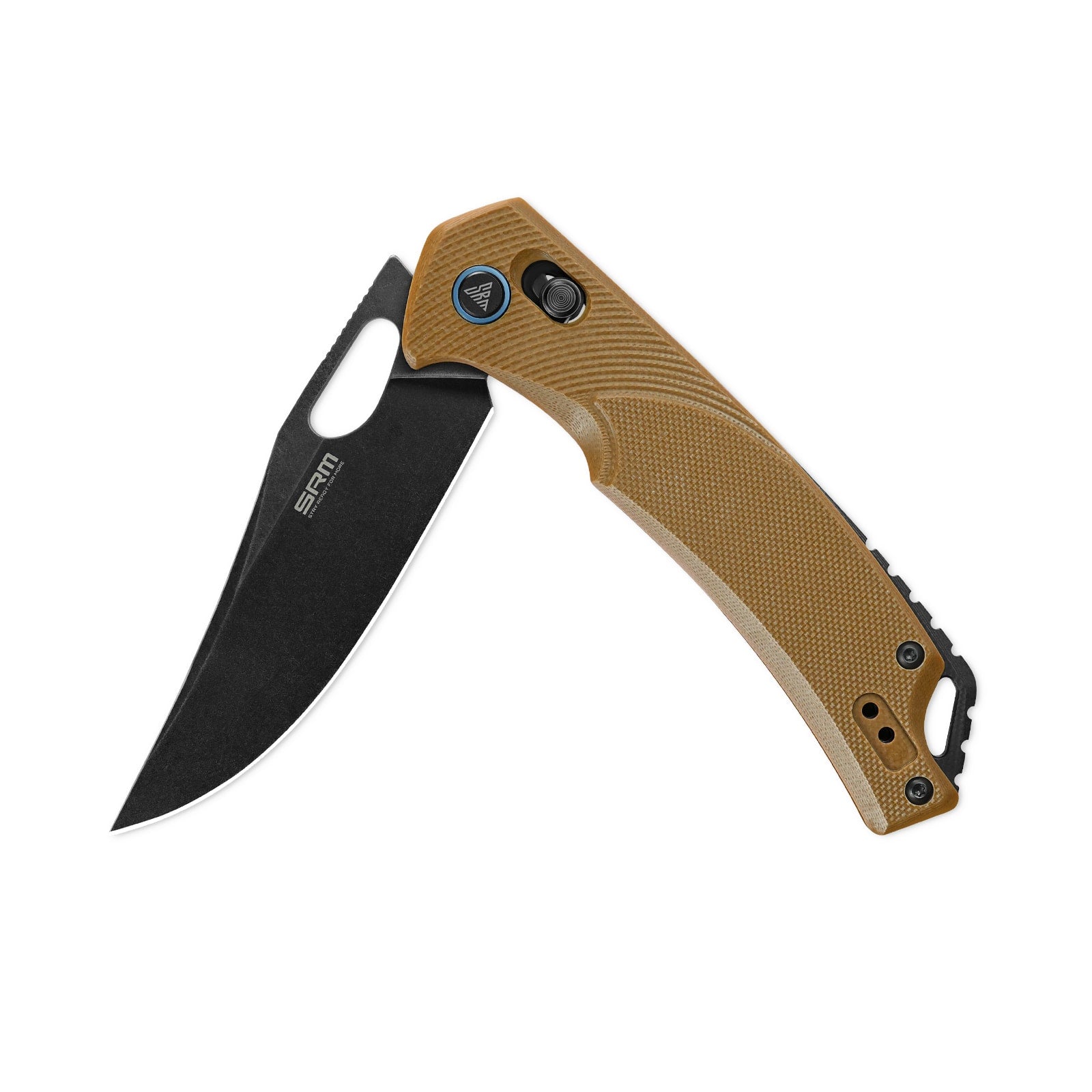 Half-folded state angle of the SRM Retriever 9201-GW folding hunting knife with blade open