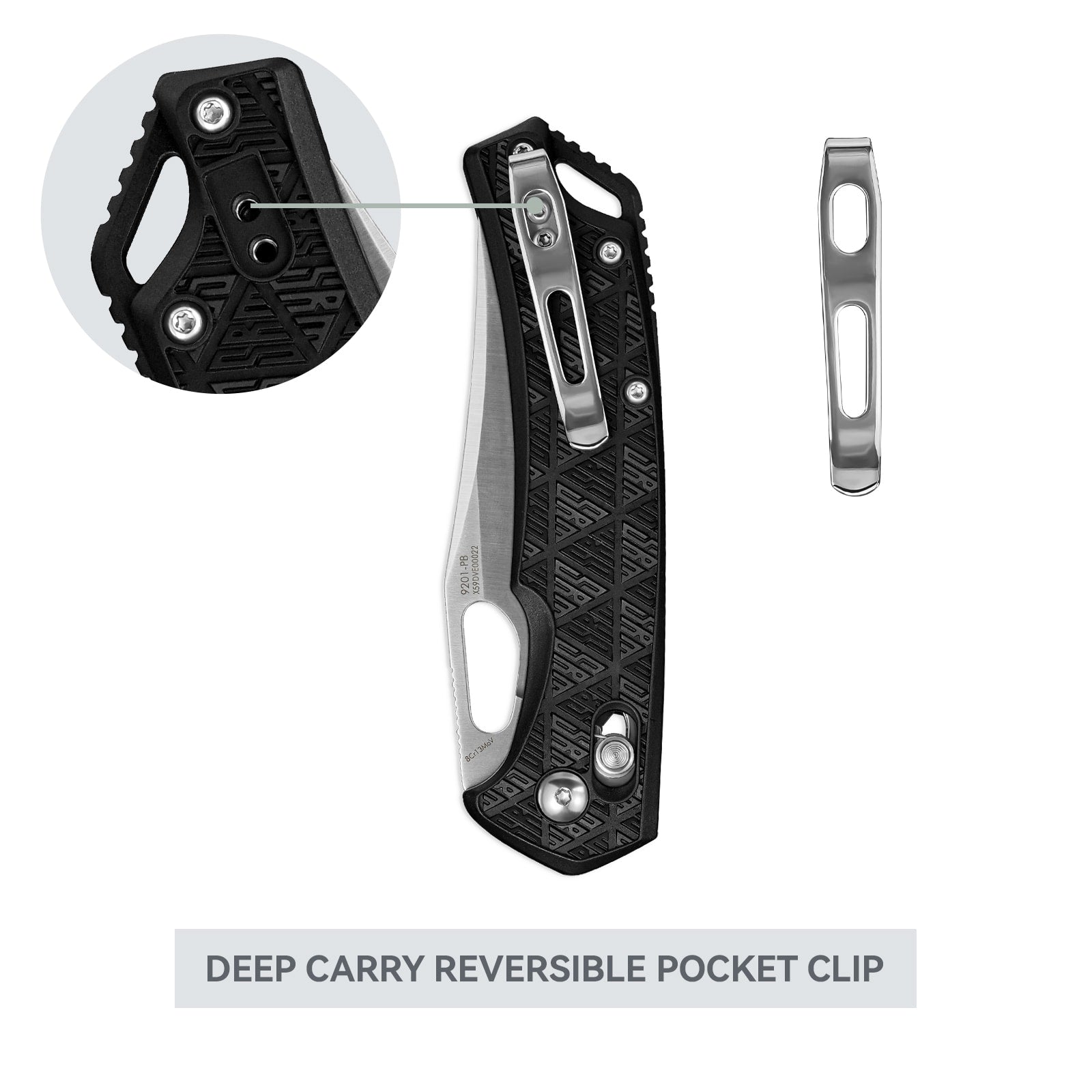 Close-up of SRM Retriever 9201-PB folding hunting knife reversible pocket clip