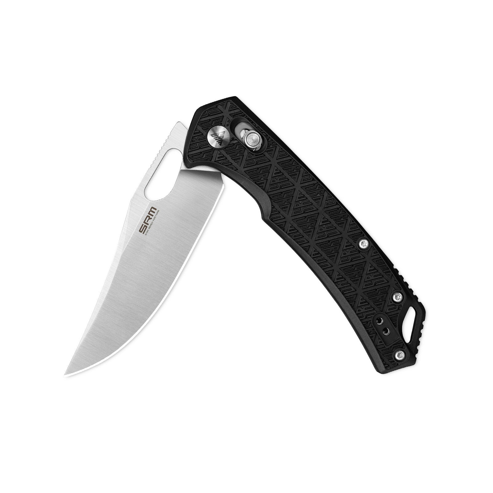 Half-folded state angle of the SRM Retriever 9201-PB folding hunting knife with blade open