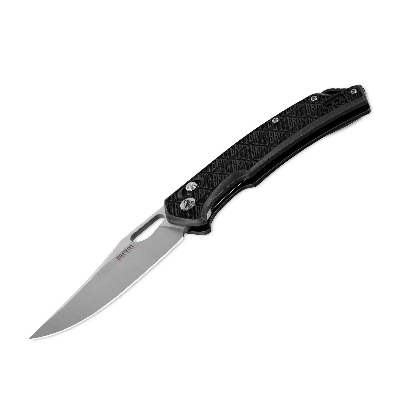 Detailed view of SRM Retriever 9201-PB folding hunting knife handle and blade