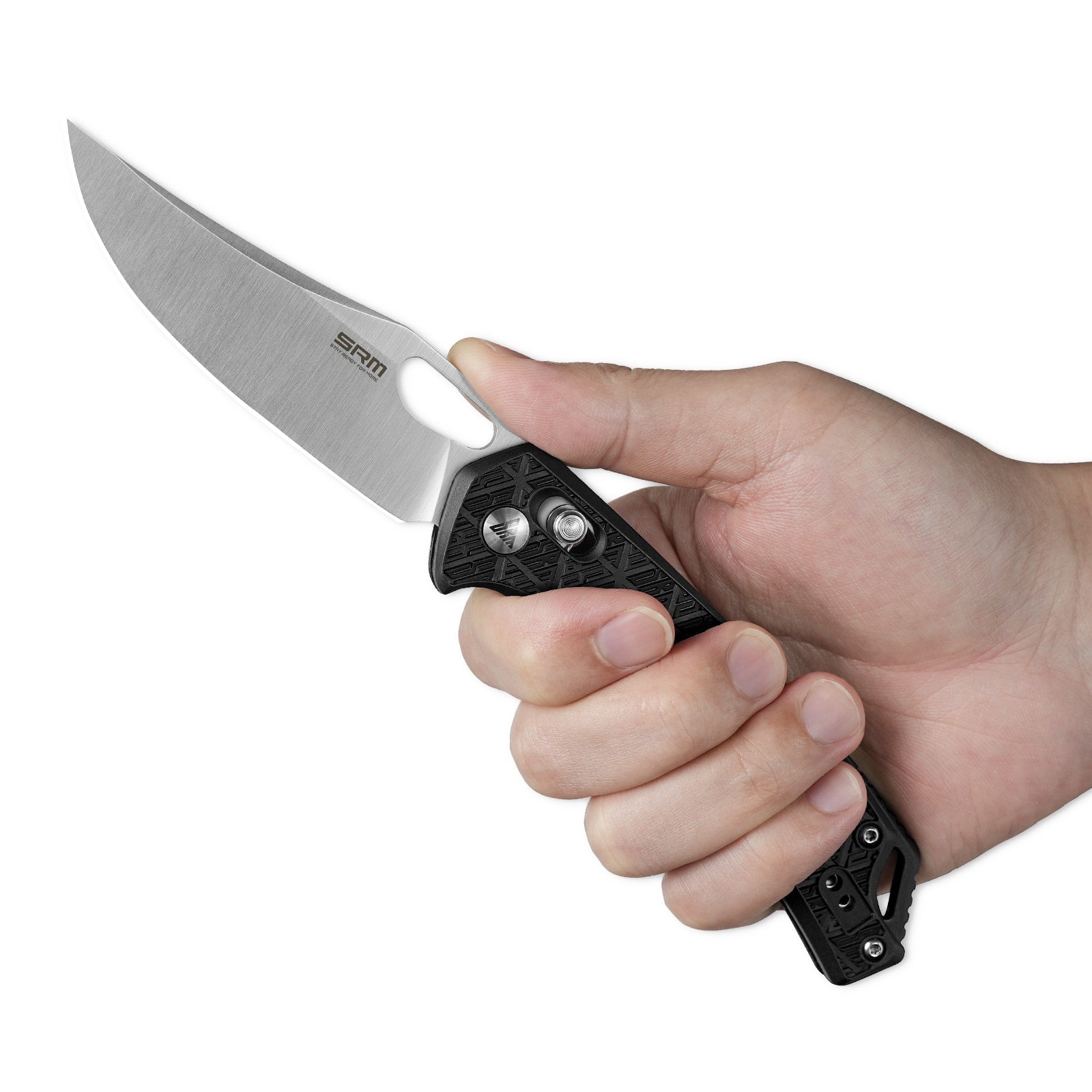 Hand holding SRM Retriever 9201-PB folding hunting knife