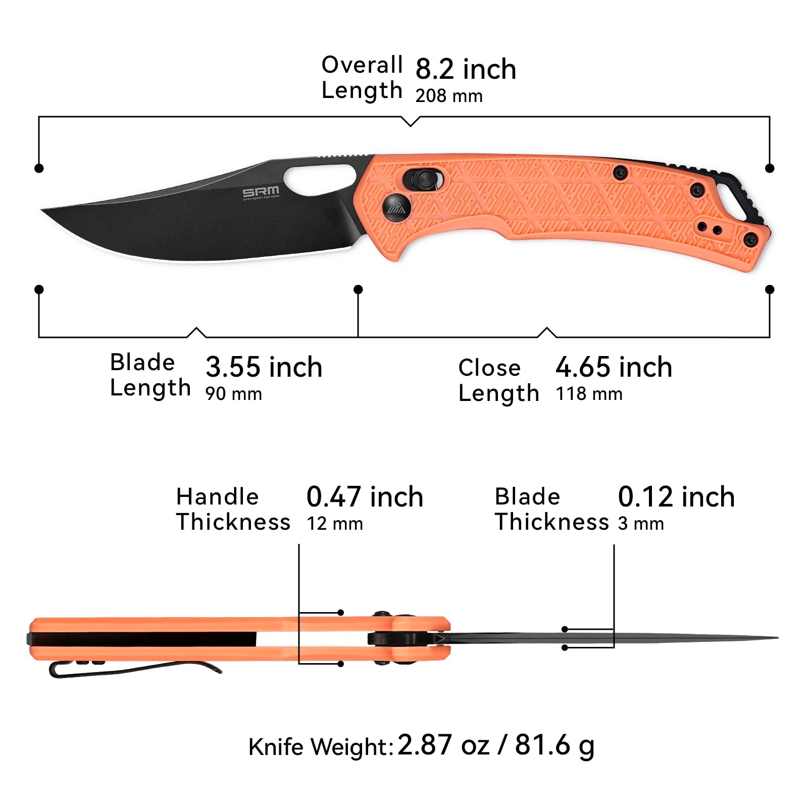 Dimensions and specs of SRM Retriever 9201-PJ folding hunting knife