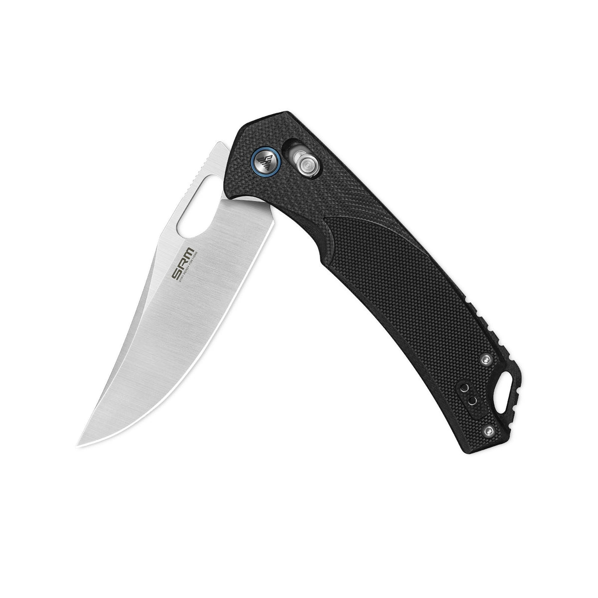 Half-folded state angle of the SRM Retriever 9201 folding hunting knife with blade open