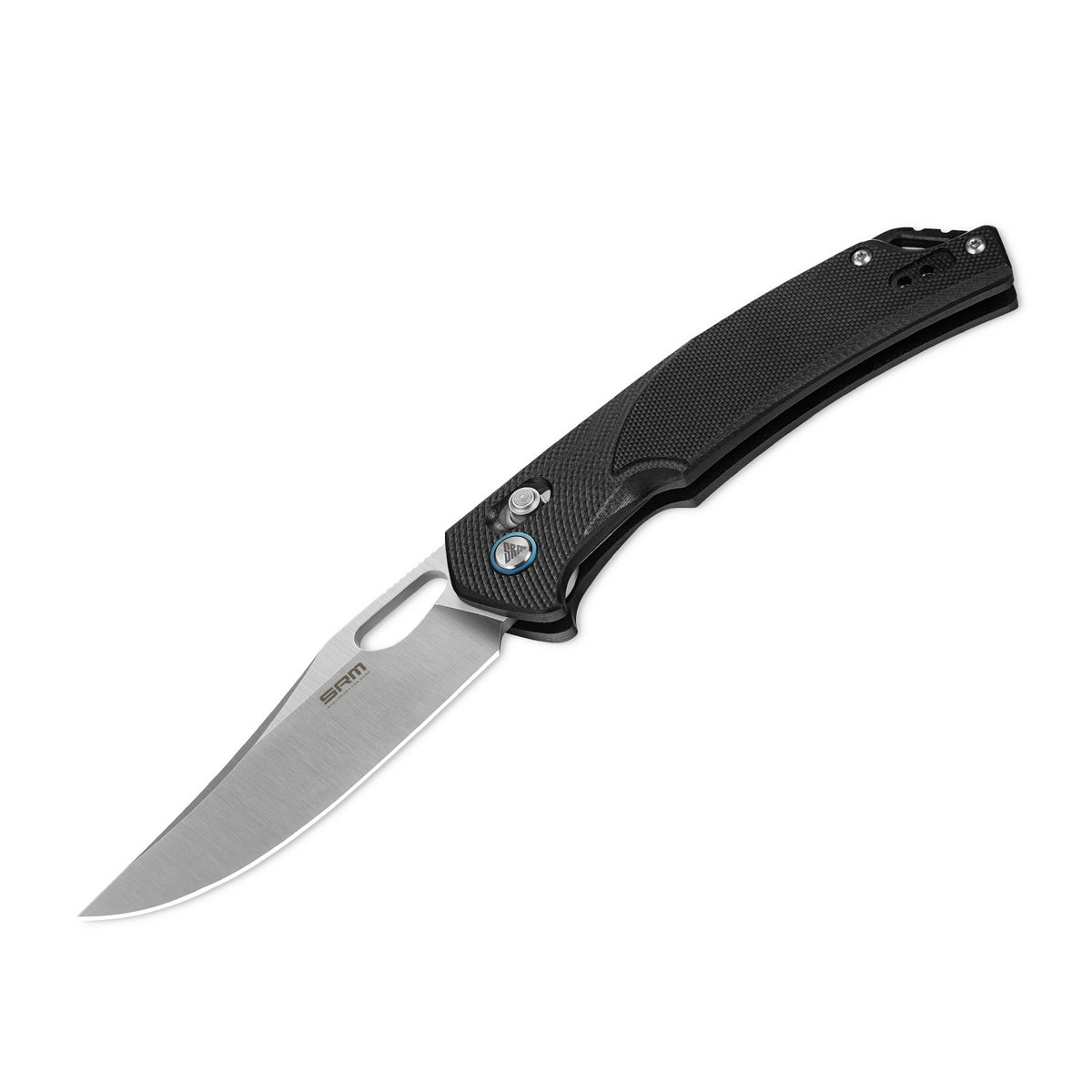 Detailed view of SRM Retriever 9201 folding hunting knife handle and blade