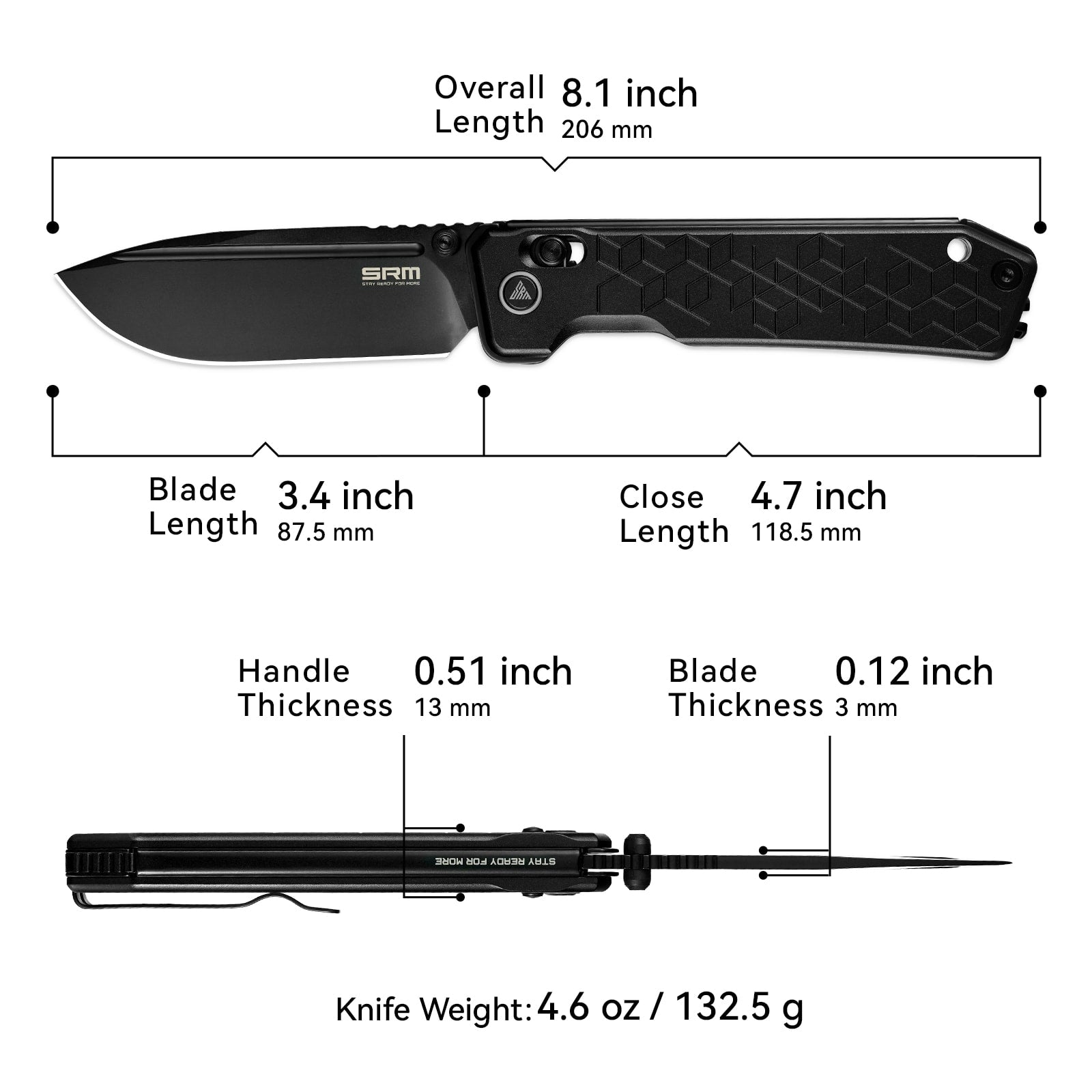 Dimensions and specs of SRM Rubik 7228B-AB tactical pocket knife