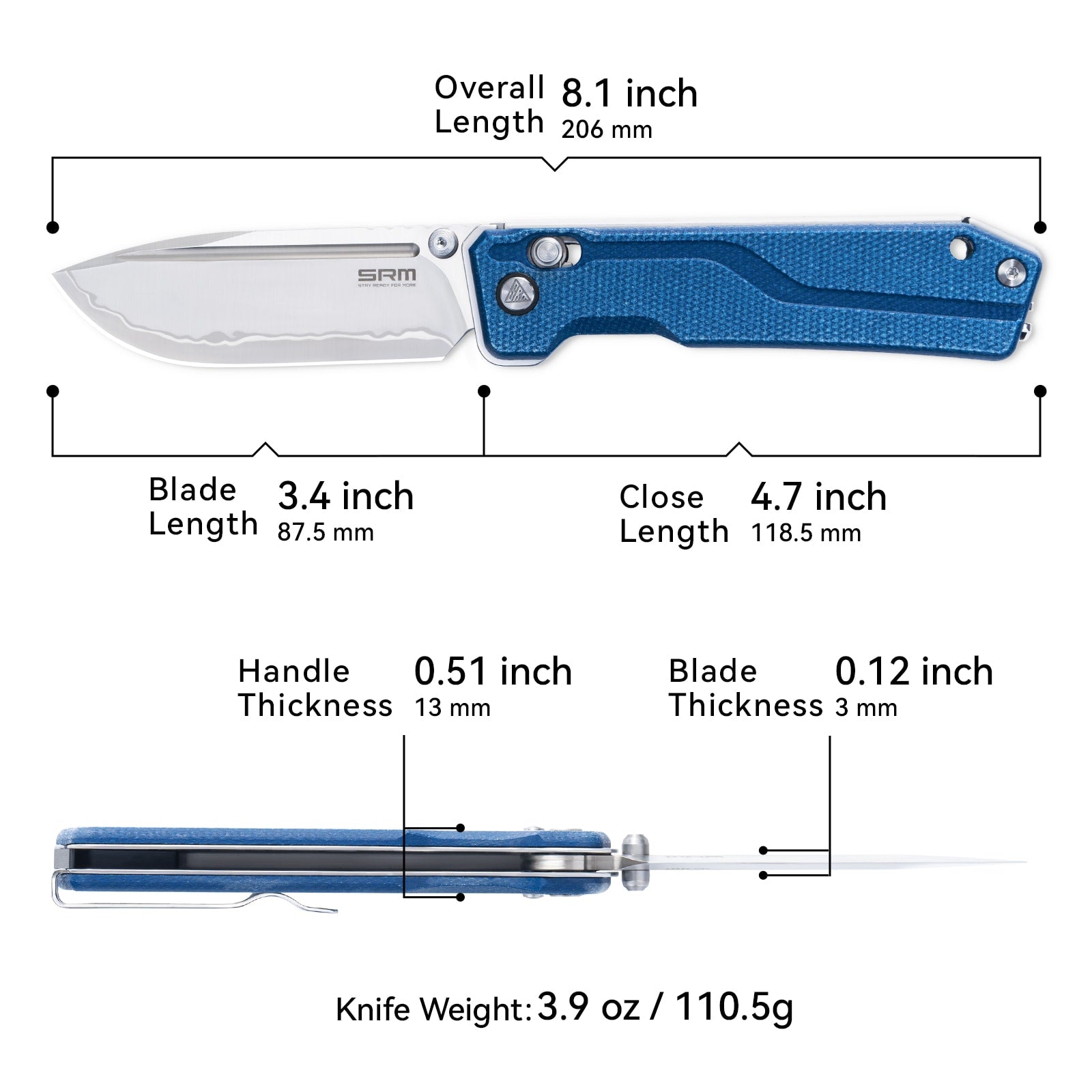 Dimensions and specs of SRM Rubik 7228B-ME2 tactical pocket knife