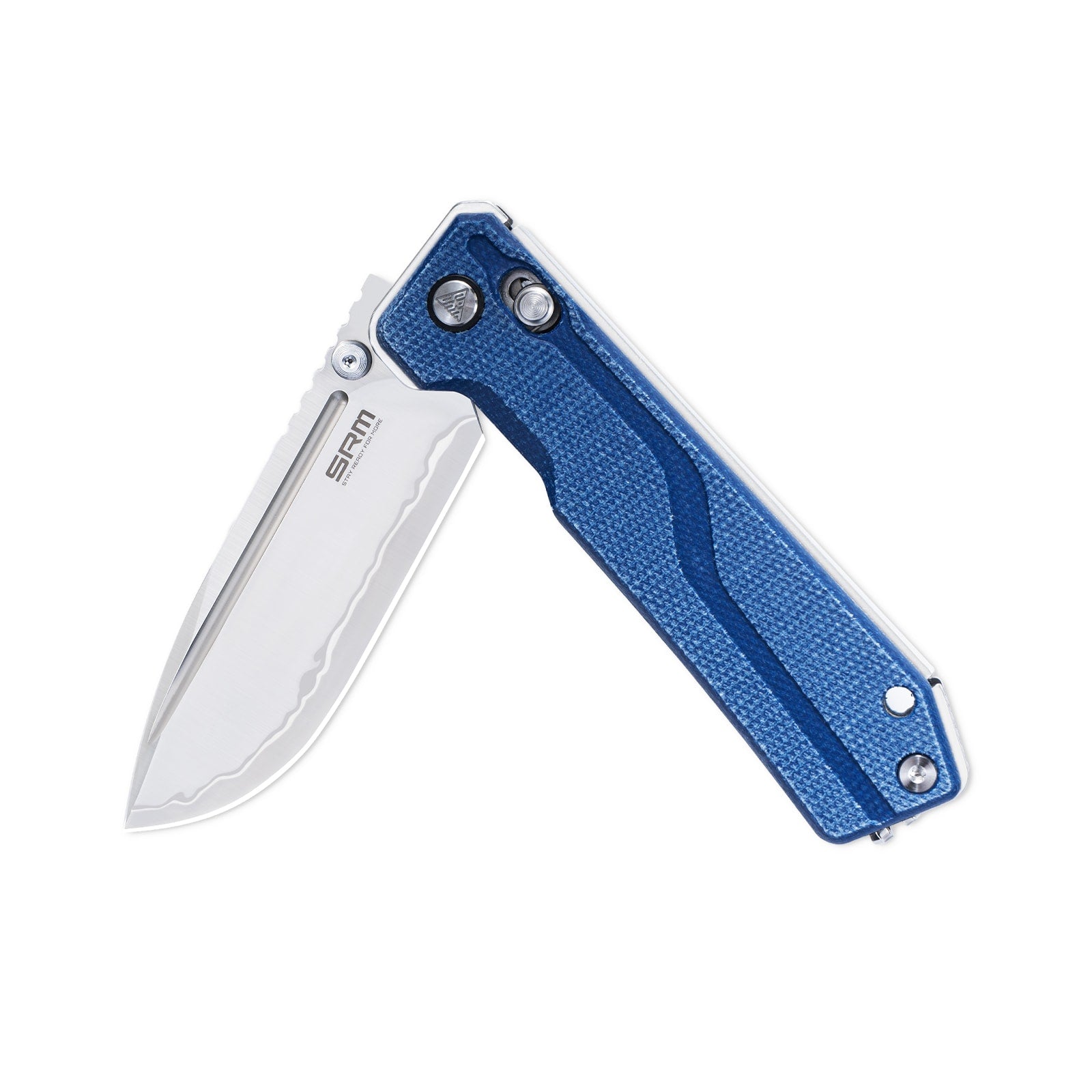 Half-folded state angle of the SRM Rubik 7228B-ME2 tactical pocket knife with blade open