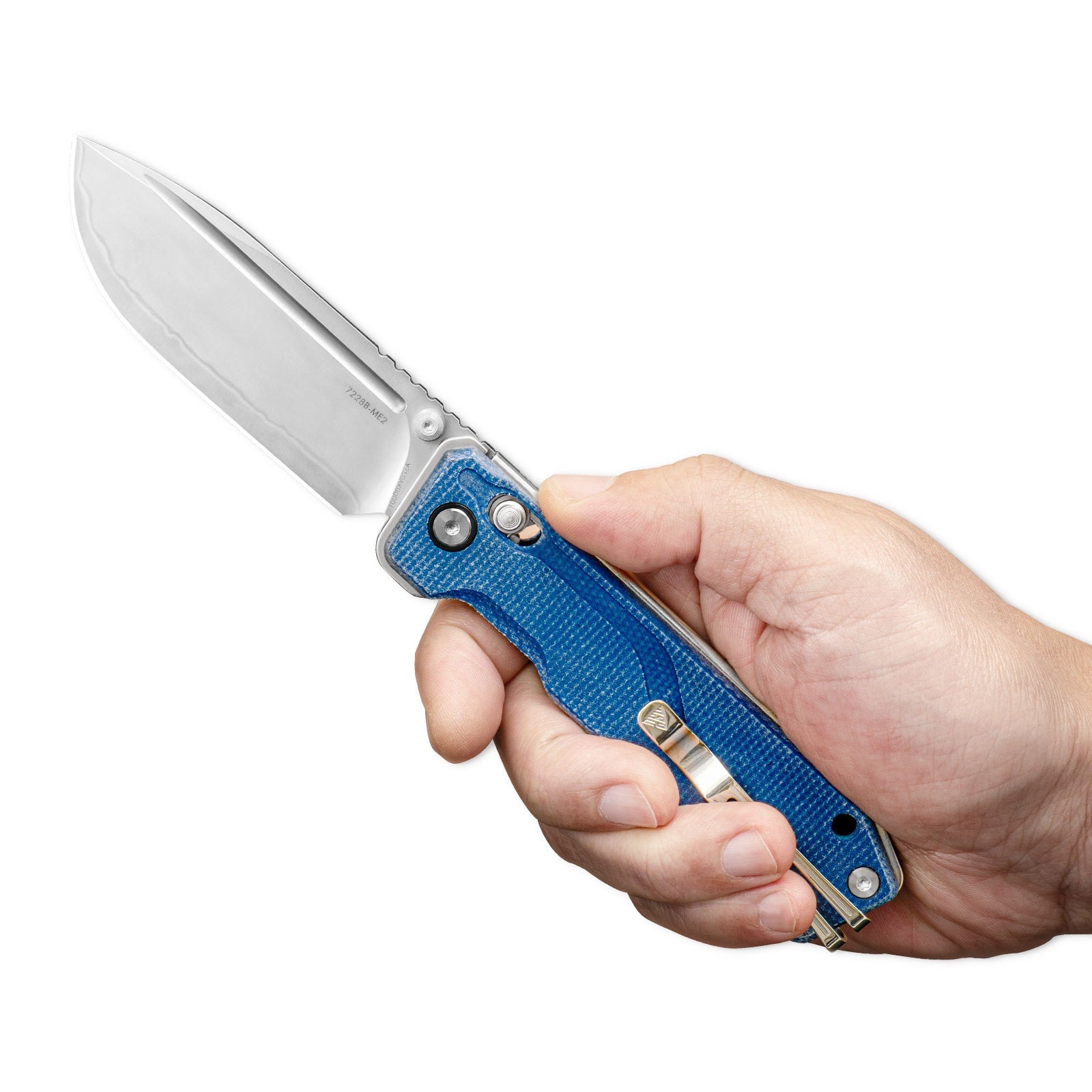 Hand holding SRM Rubik 7228B-ME2 tactical pocket knife