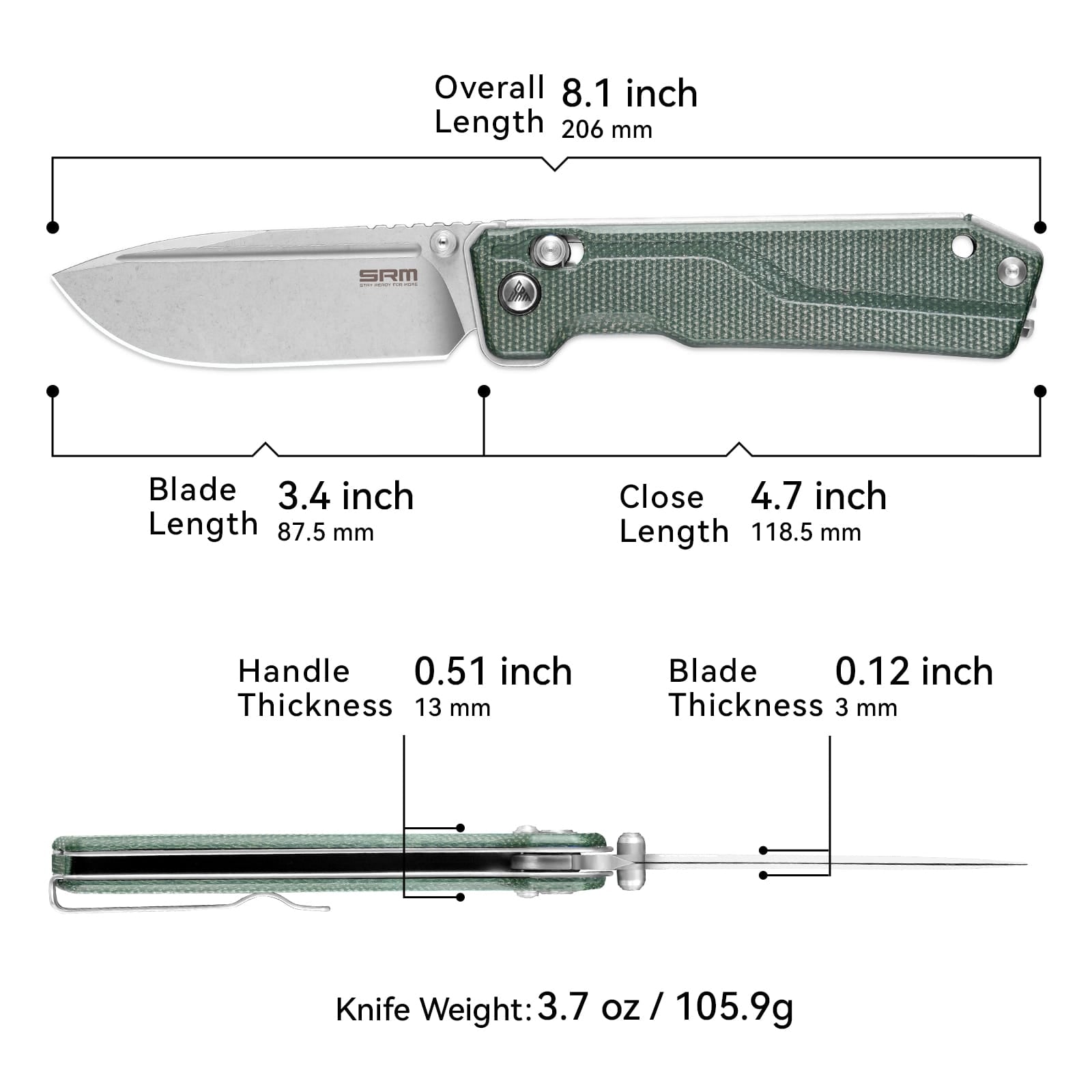 Dimensions and specs of SRM Rubik 7228B-MG tactical pocket knife