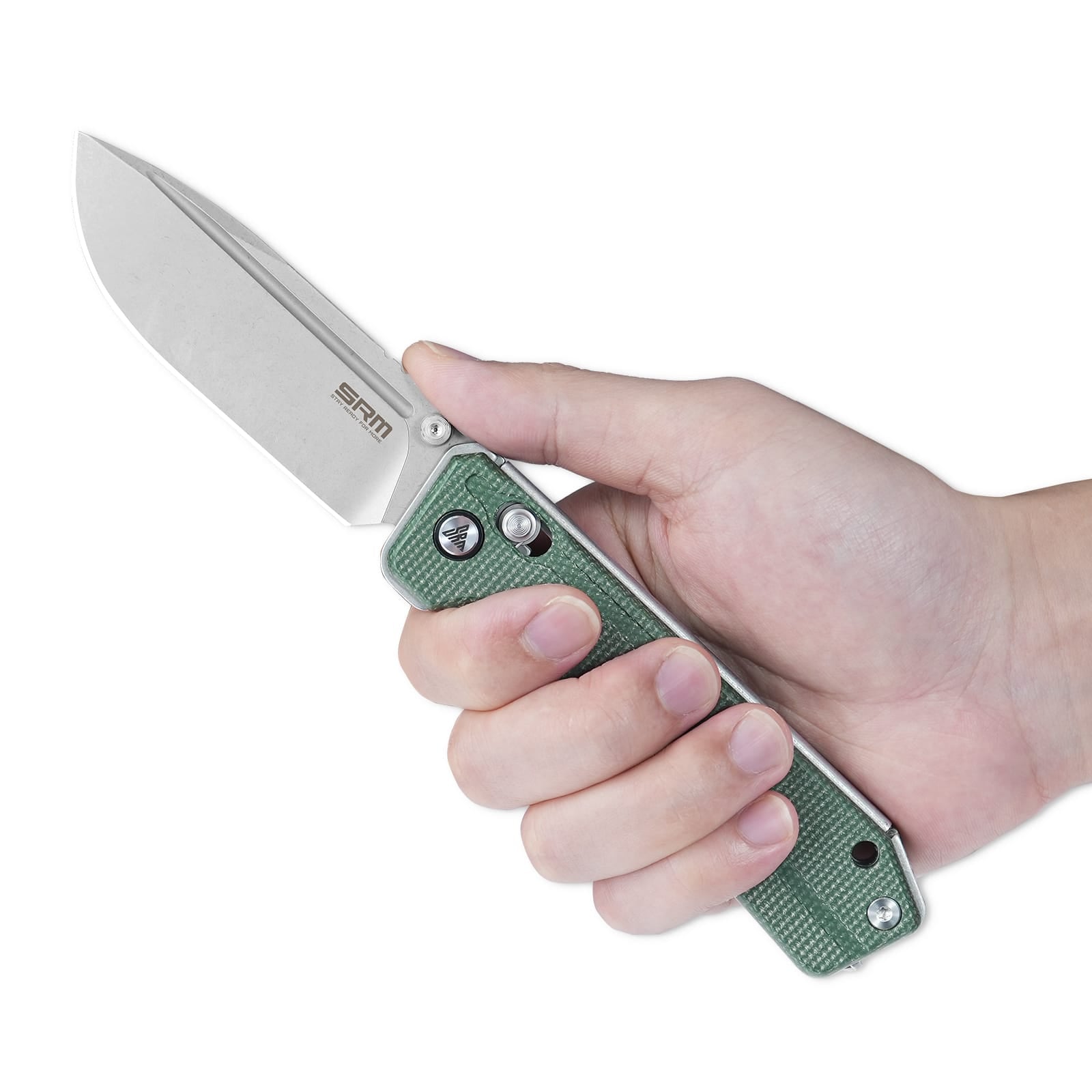 Hand holding SRM Rubik 7228B-MG tactical pocket knife