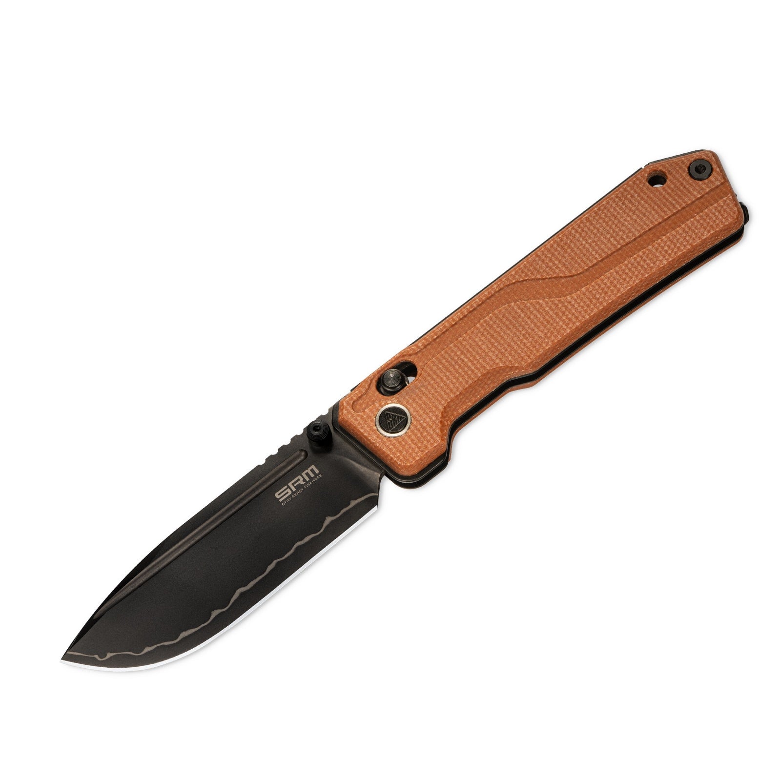 Detailed view of SRM Rubik 7228B-MN2 tactical pocket knife handle and blade