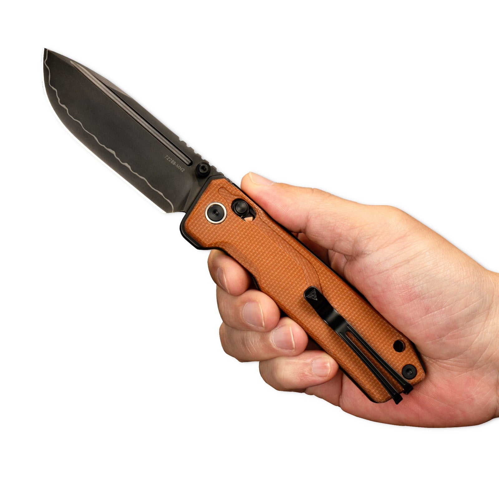 Hand holding SRM Rubik 7228B-MN2 tactical pocket knife