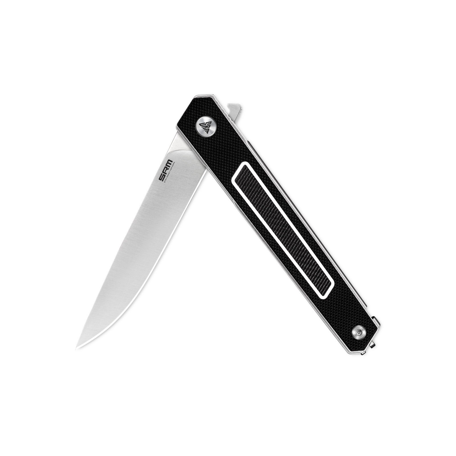 Half-folded state angle of the SRM Swift 125L-GB liner lock knife with blade open