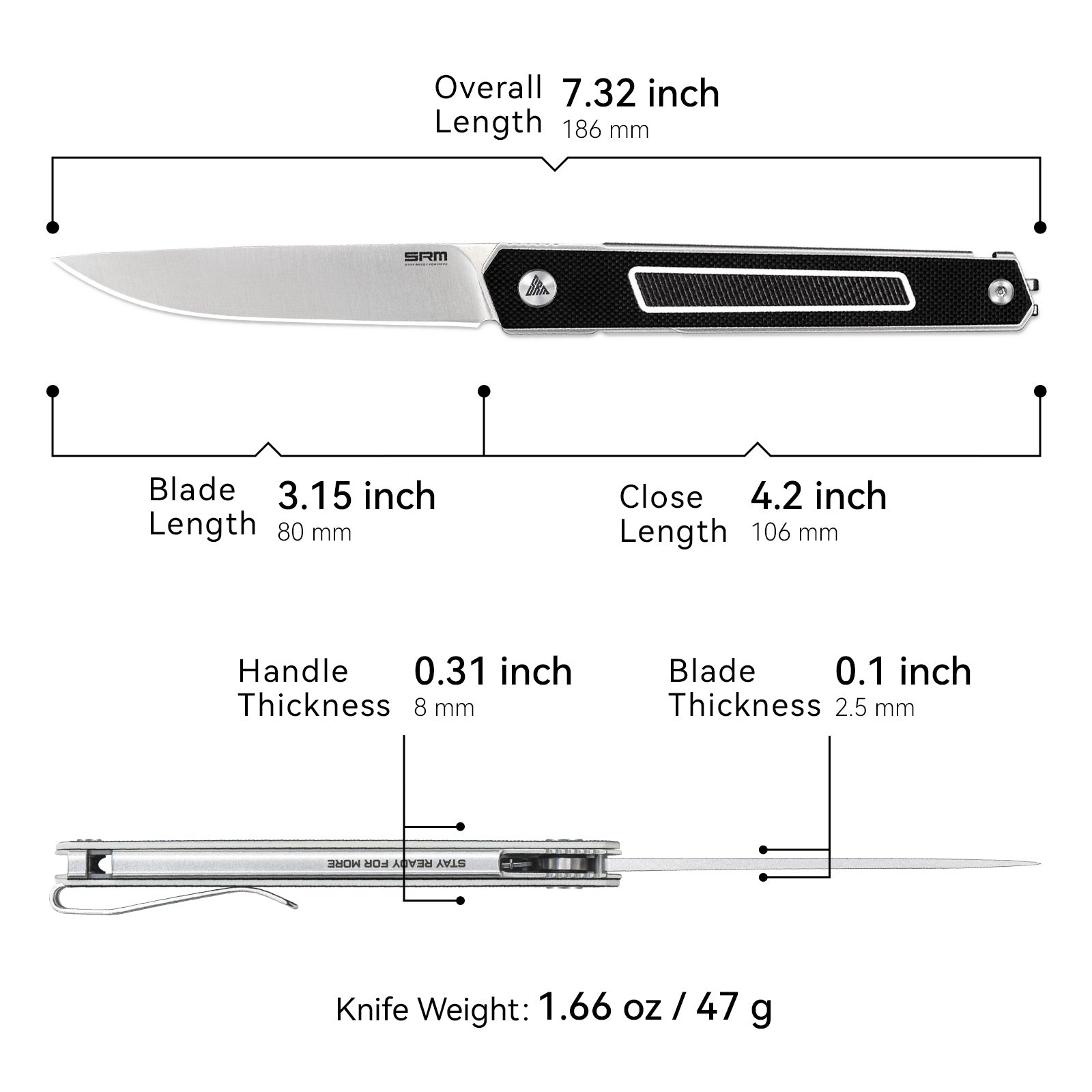 Dimensions and specs of SRM Swift 125L-GB liner lock knife