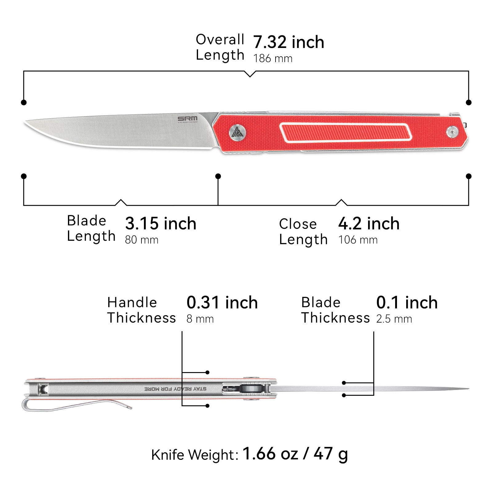 Dimensions and specs of SRM Swift 125L-GR liner lock knife