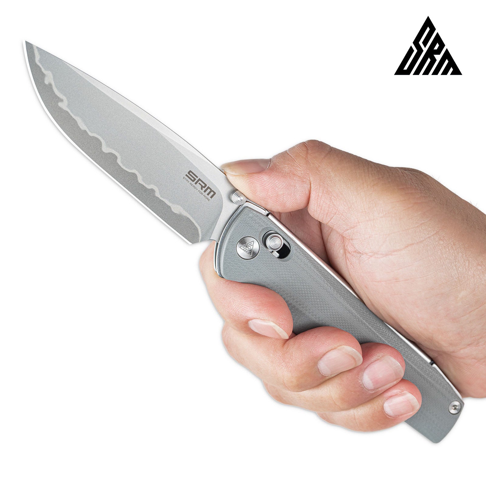 Hand holding SRM Terrier 258L-GK2 EDC pocket knife