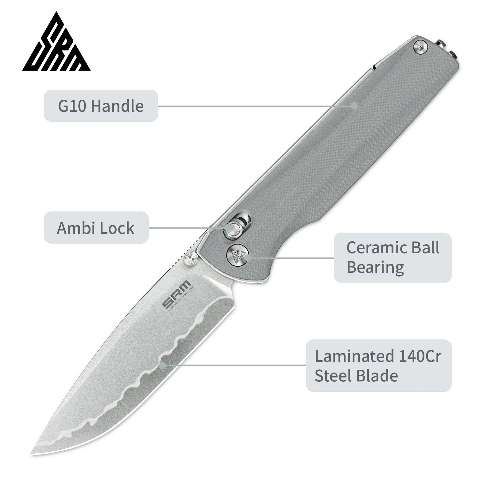 Feature labels of SRM Terrier 258L-GK2 EDC pocket knife: ambi lock and steel blade