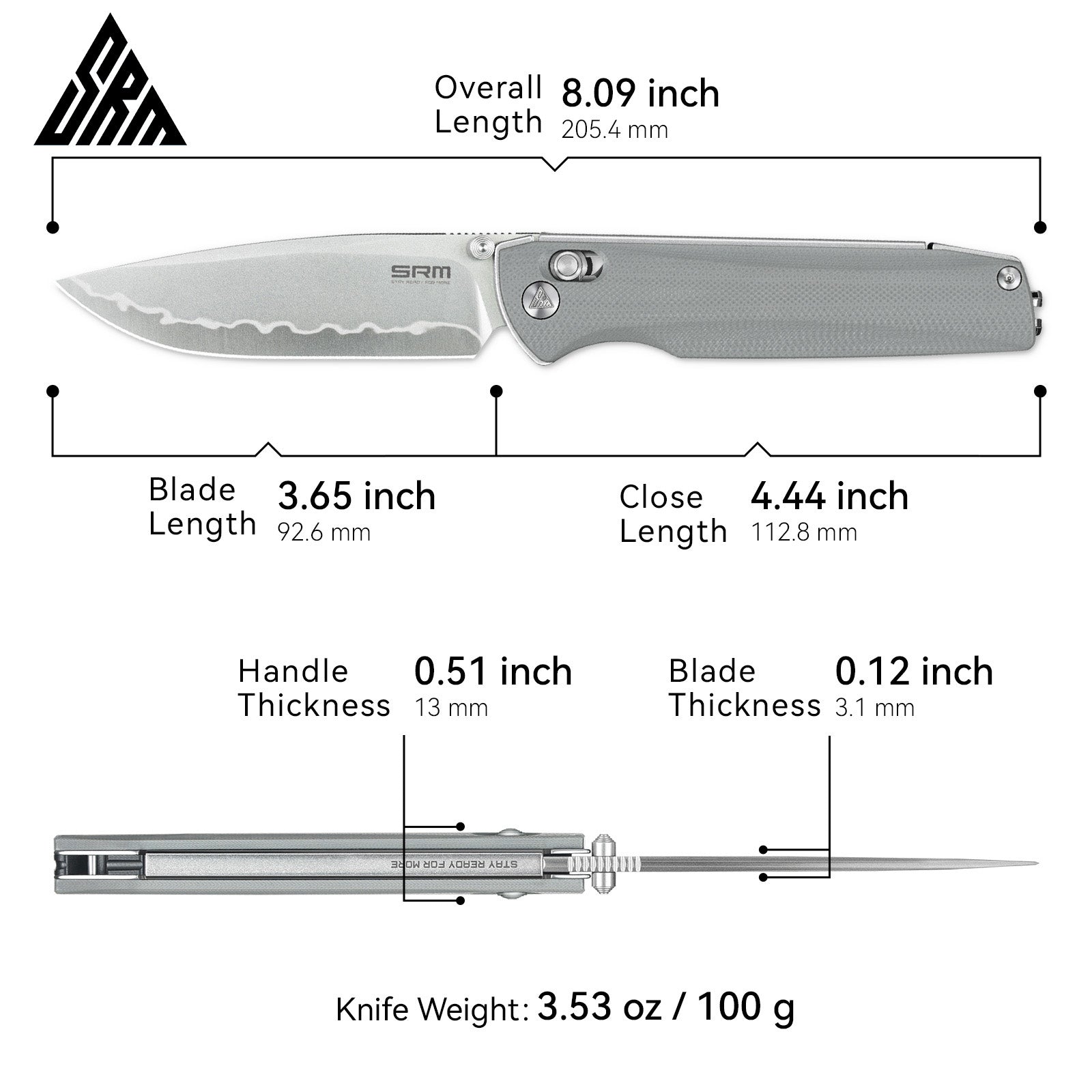 Dimensions and specs of SRM Terrier 258L-GK2 EDC pocket knife