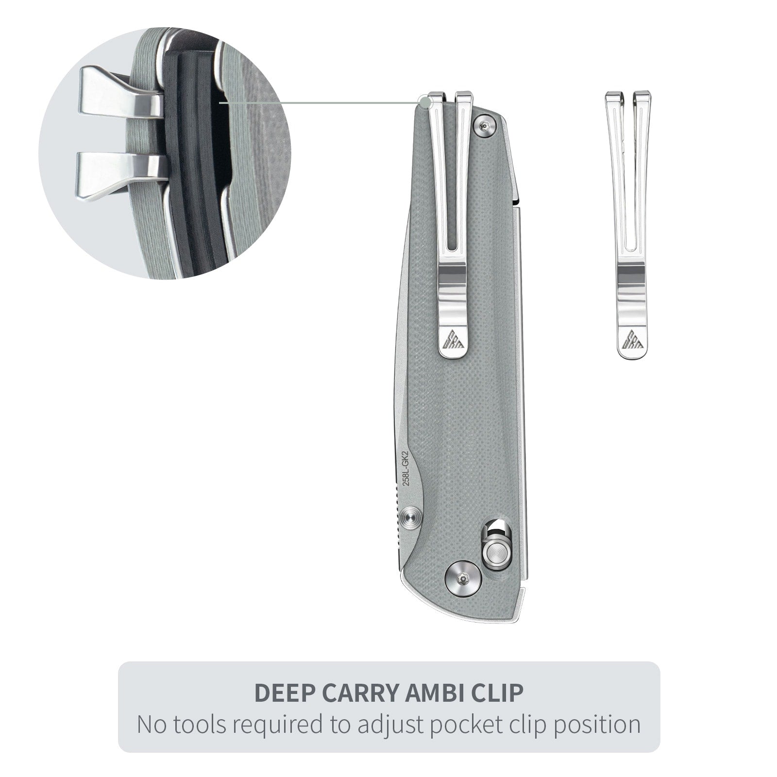Close-up of SRM Terrier 258L-GK2 EDC pocket knife ambidextrous pocket clip
