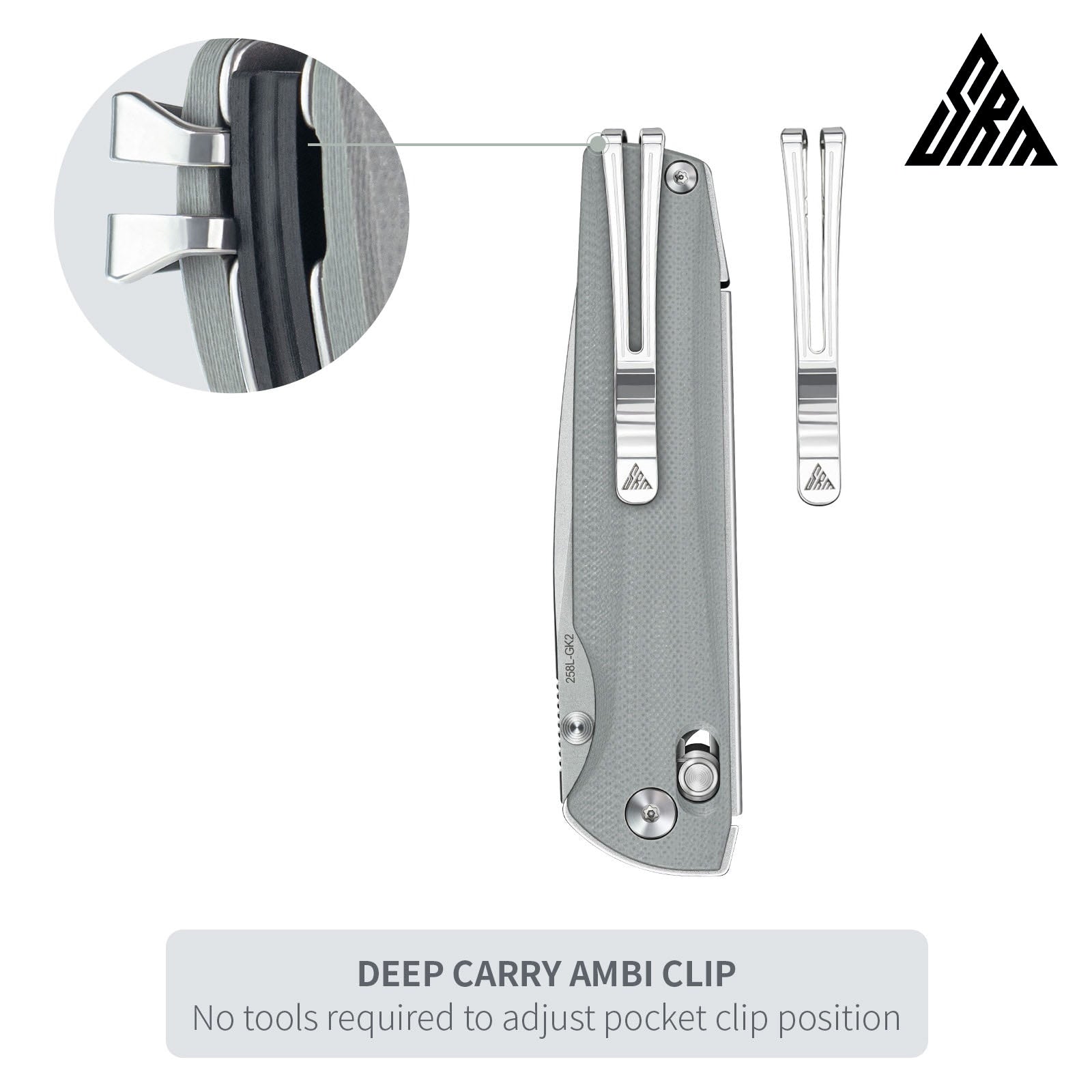 Close-up of SRM Terrier 258L-GK2 EDC pocket knife ambidextrous pocket clip