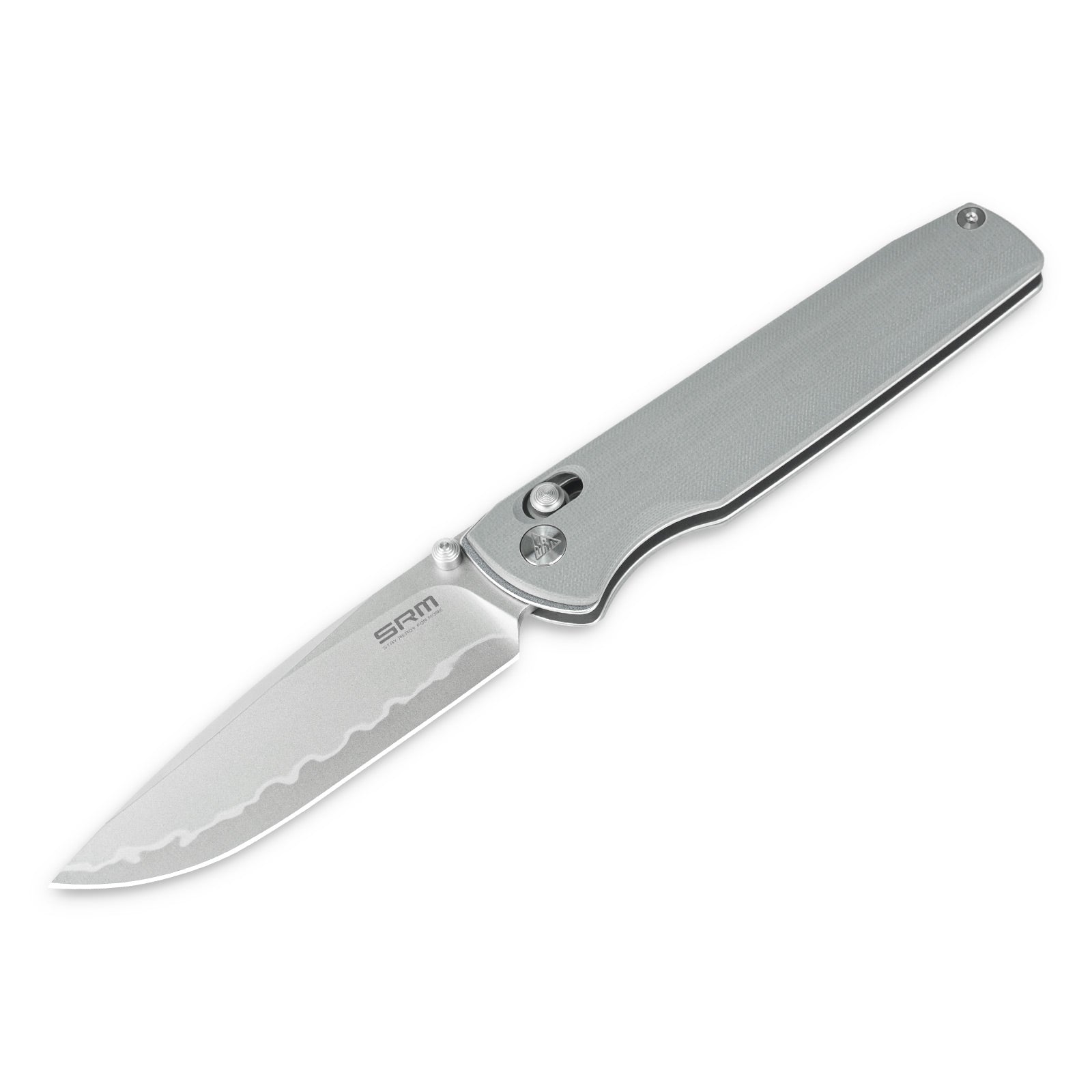 Detailed view of SRM Terrier 258L-GK2 EDC pocket knife handle and blade