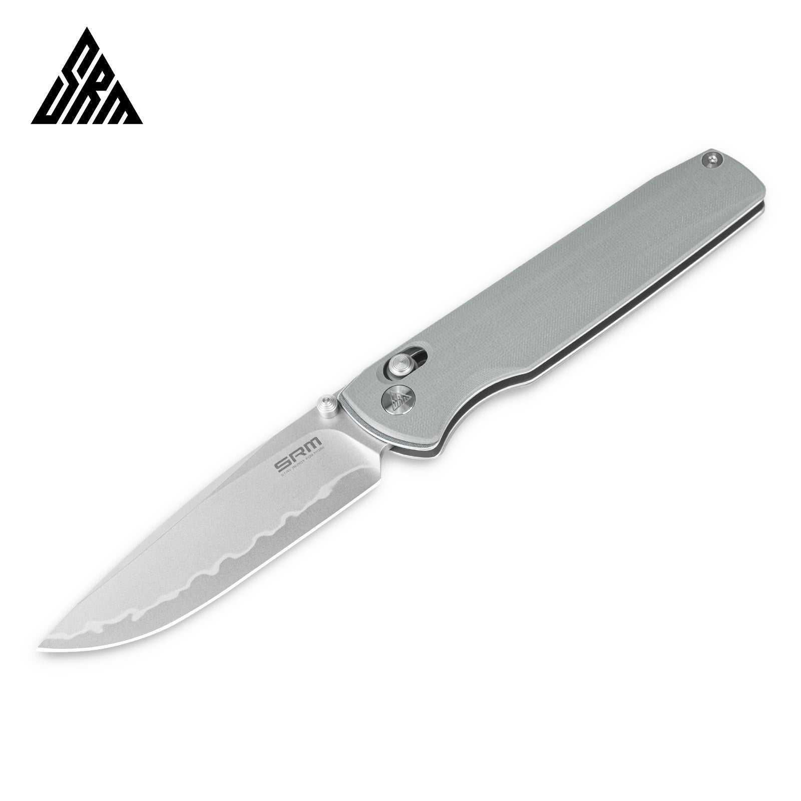 Detailed view of SRM Terrier 258L-GK2 EDC pocket knife handle and blade