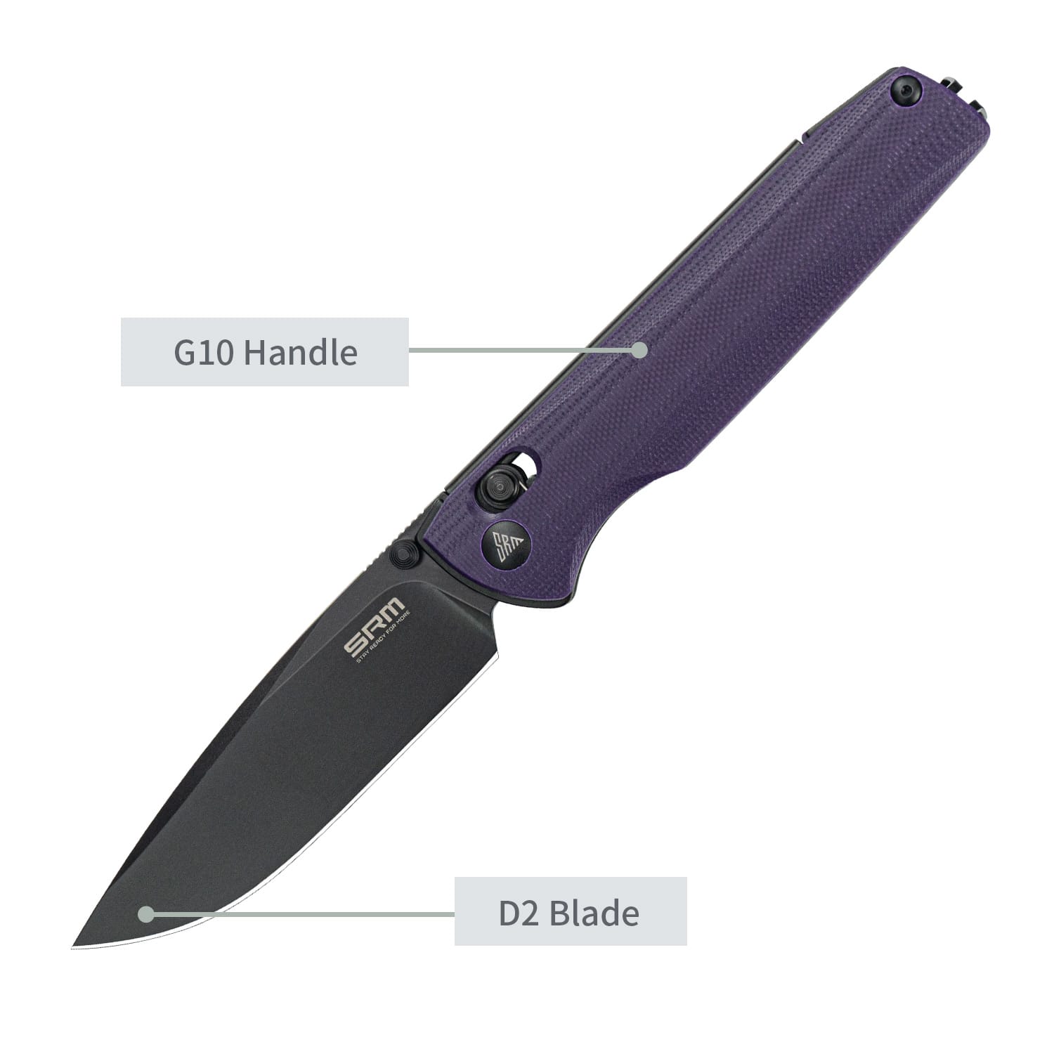 SRM EDC pocket knife Terrier 258L-GN | D2 steel blade and purple G10 handle