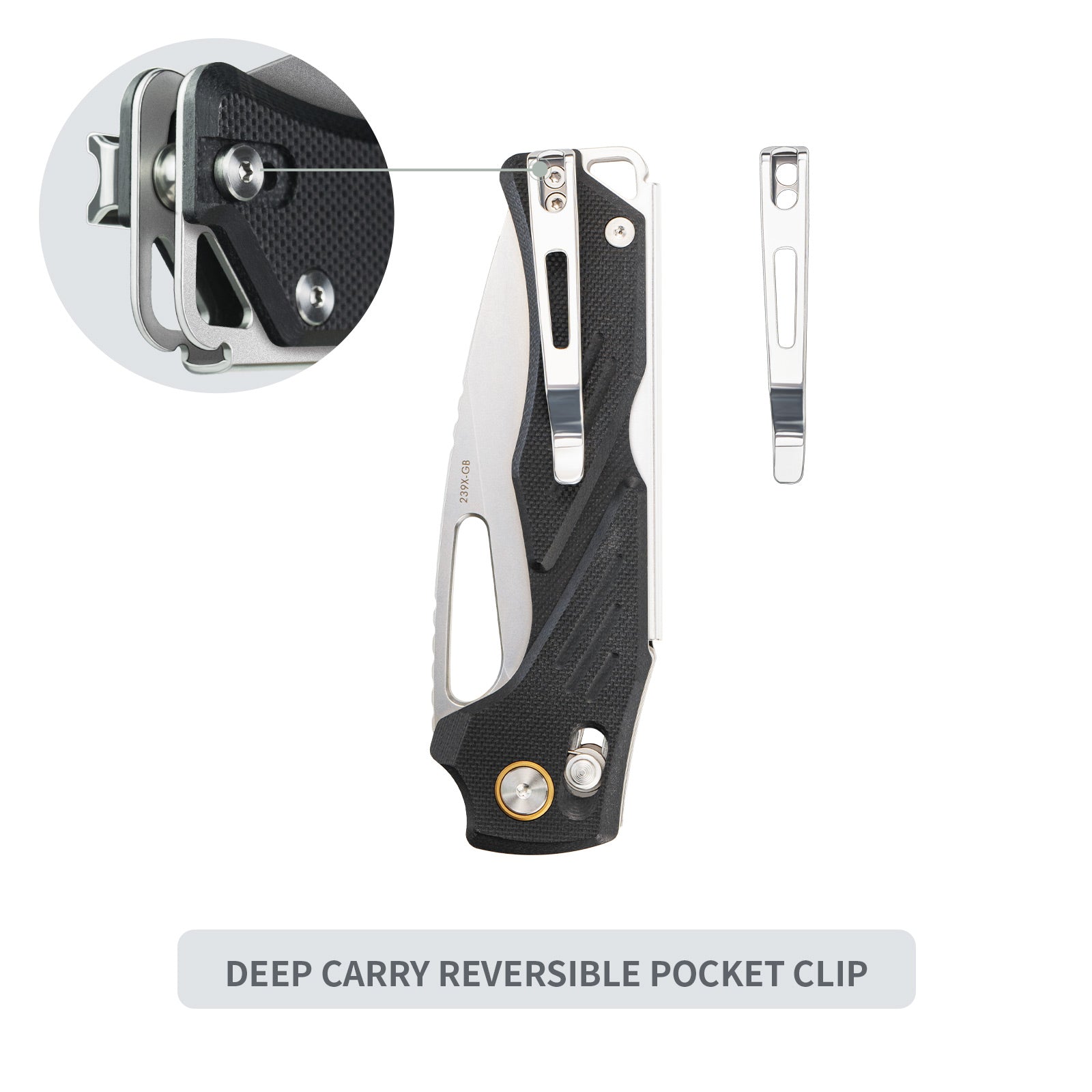 Close-up of SRM Mirage 239X-GB folding hunting knife reversible pocket clip