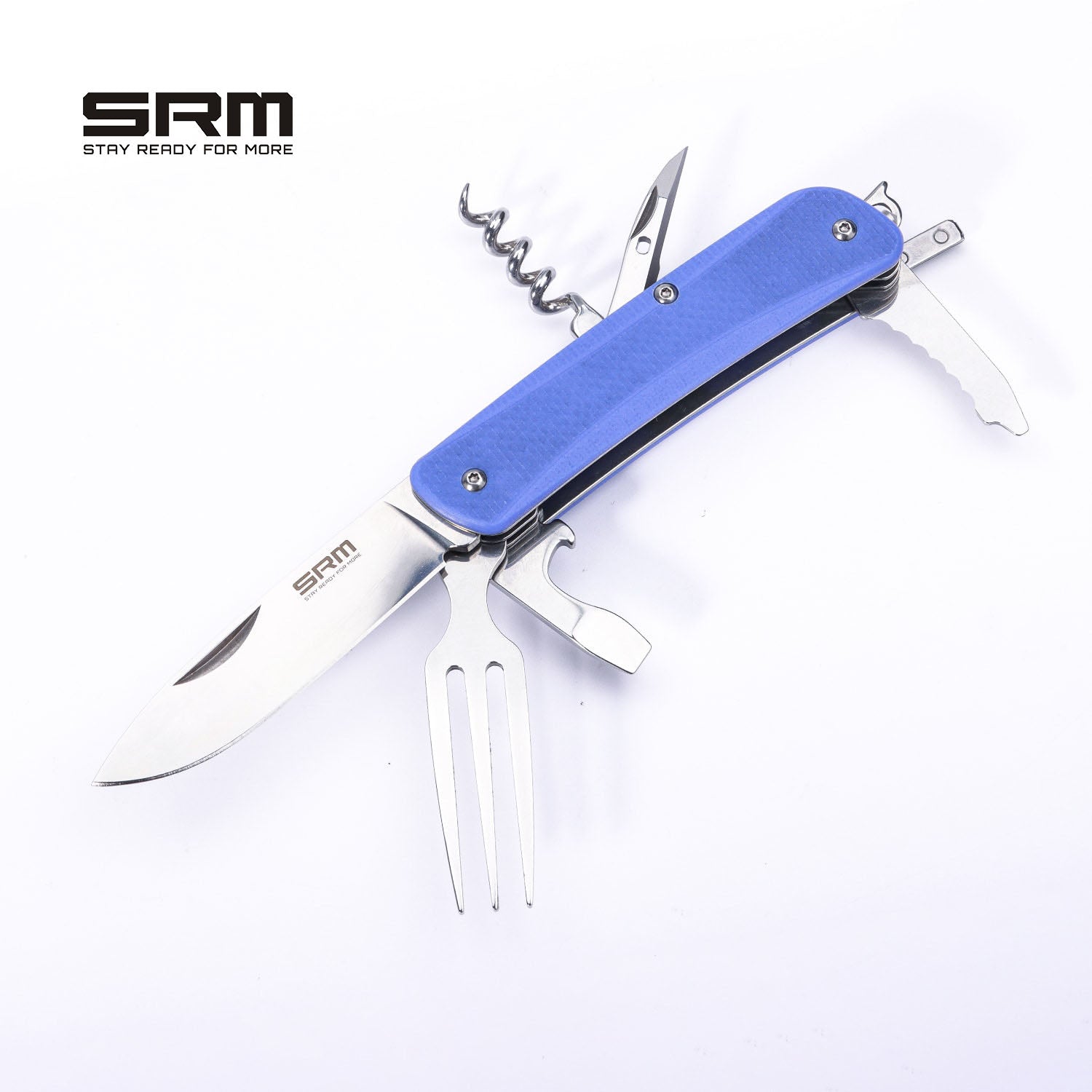 SRM STAY READY FOR MORE Outdoor Multi-Tool Folding Knife with Saw, Tweezers, Screwdriver, Bottle Opener, Corkscrew, Reamer/Awl & Dinner Fork | WB733-B4