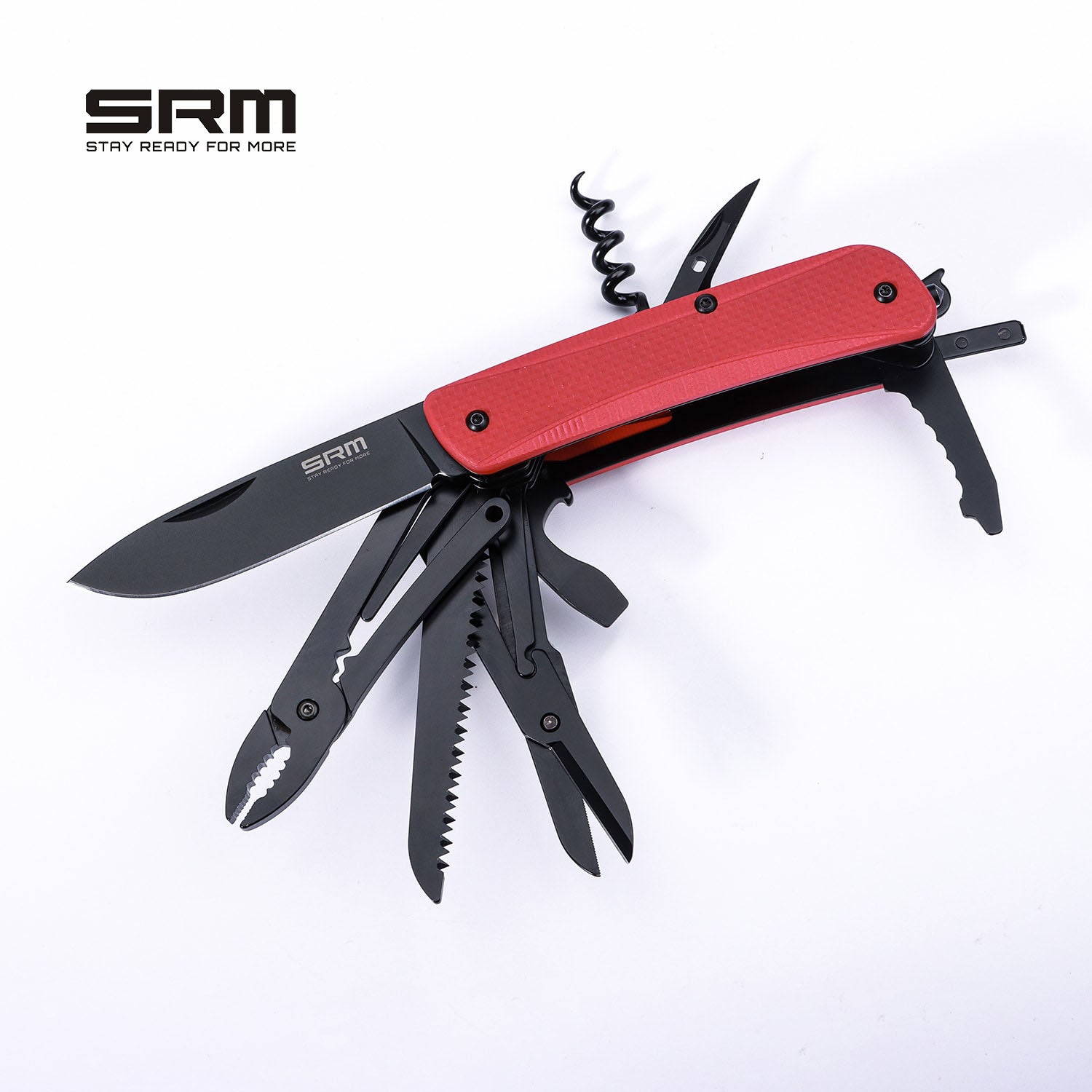 SRM SRM STAY READY FOR MORE Outdoor Multi-Tool Folding Knife with Saw, Scissors, Tweezers, Screwdriver, Bottle Opener, Corkscrew, Awl & Pliers | WB751-B5