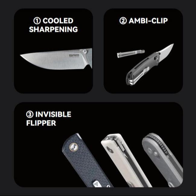 Qrick 408L-KB (14C28N Blade, G10 Handle w/ CF. Overlay, Ambi Clip, Invisible Flipper)