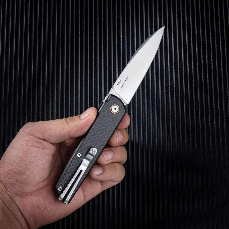 Qrick 408L-KB (14C28N Blade, G10 Handle w/ CF. Overlay, Ambi Clip, Invisible Flipper)