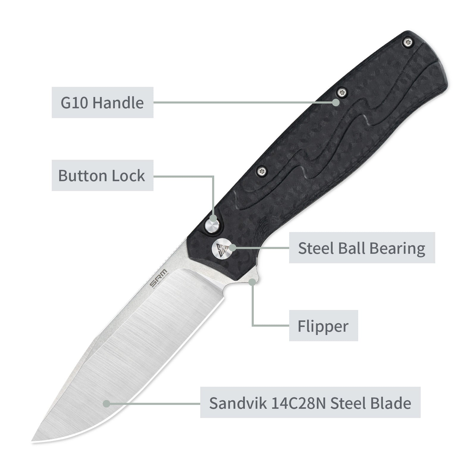 SRM tactical pocket knife 221X-GB - 14C28N steel blade and G10 handle
