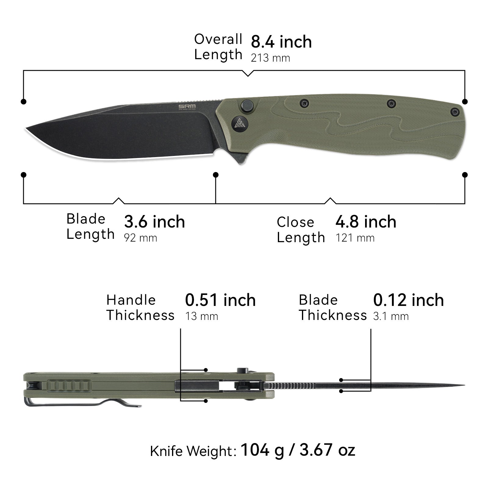SRM tactical pocket knife 221X-GP | Folding knife with button lock
