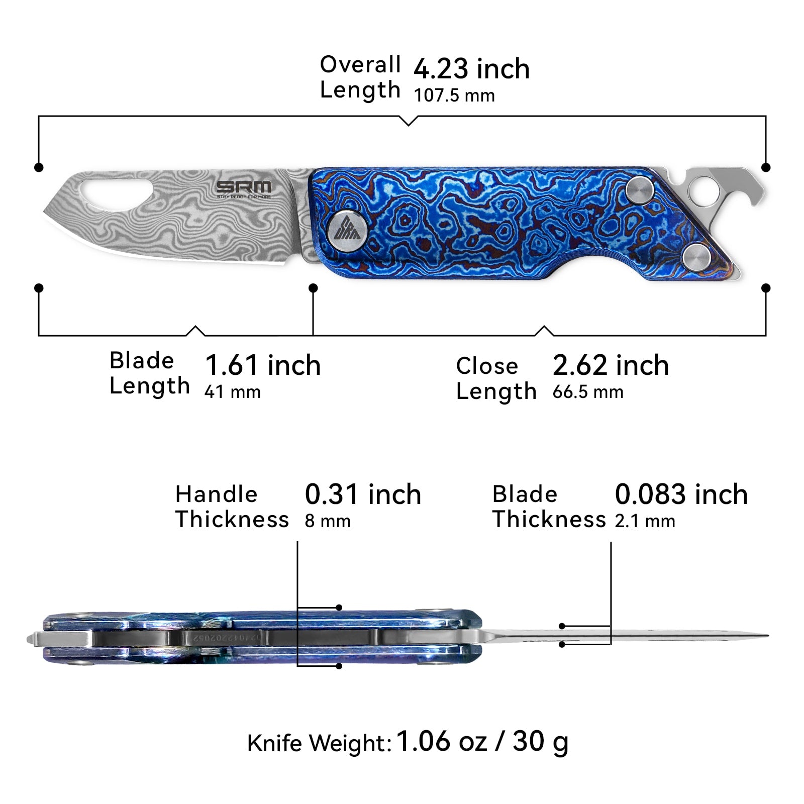 Dimensions and specs of SRM 6435-TL EDC collectible knife