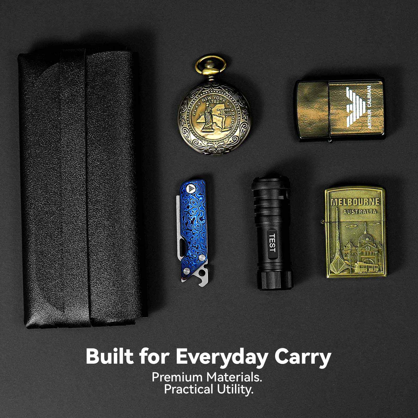 Image showing the SRM 6435-TL EDC collectible knife paired with other EDC items