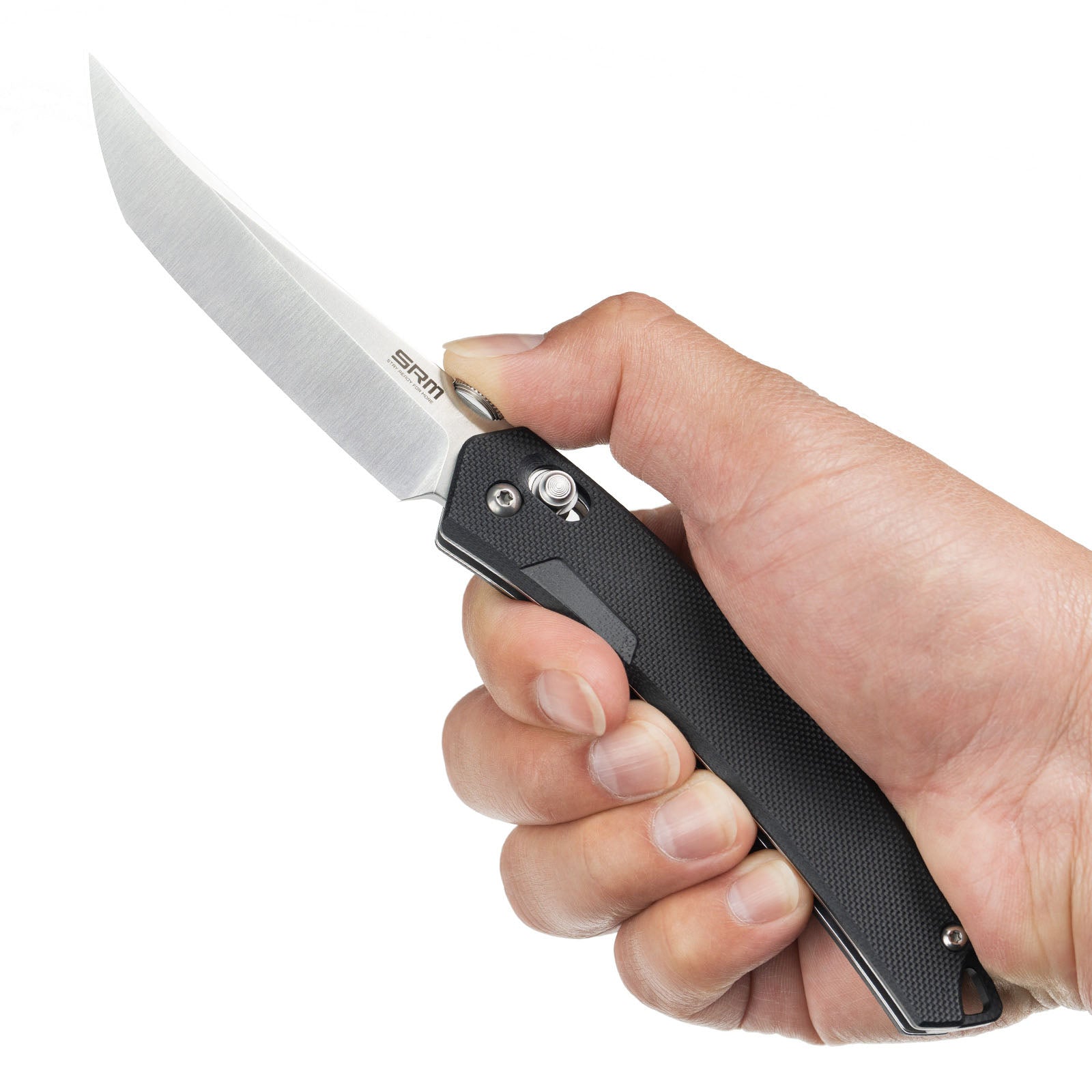 Hand holding SRM 9211-GB2 tactical pocket knife