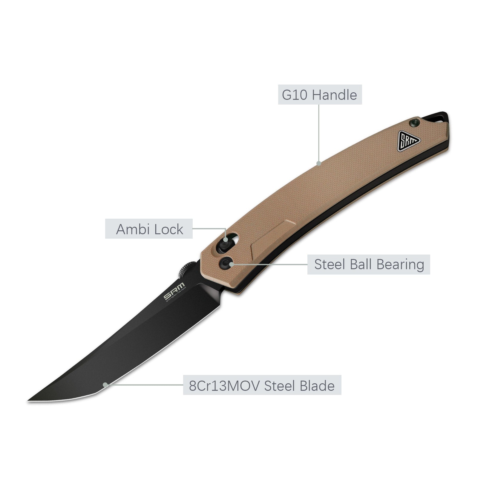 Feature labels of SRM 9211B-GW tactical pocket knife: ambi lock and steel blade
