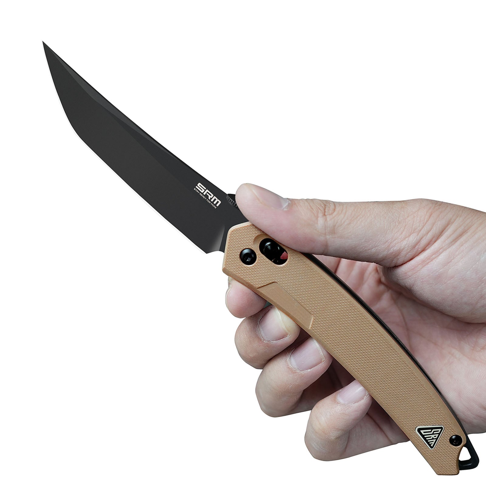 Hand holding SRM 9211B-GW tactical pocket knife