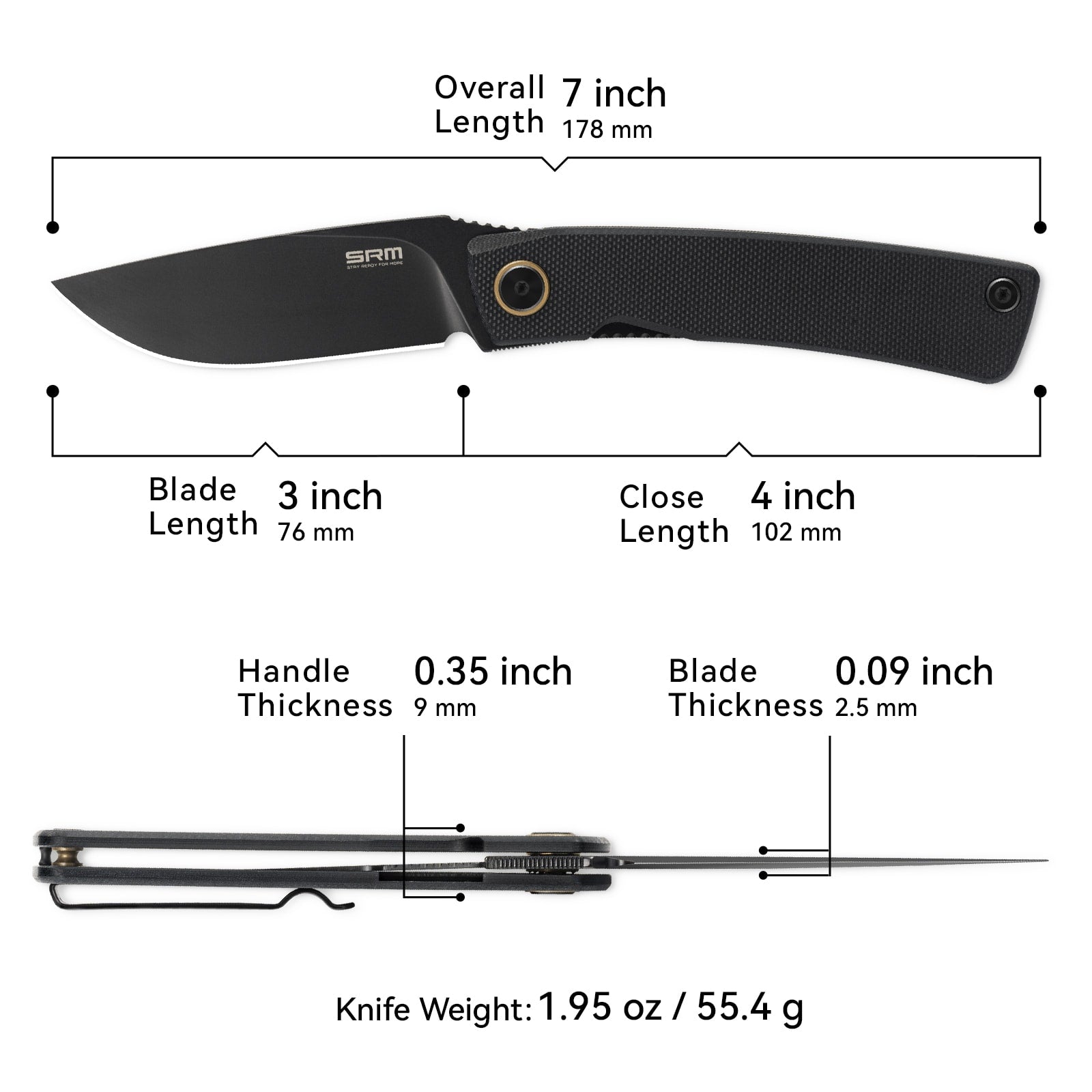 Dimensions and specs of SRM Air 105M-GB EDC knife