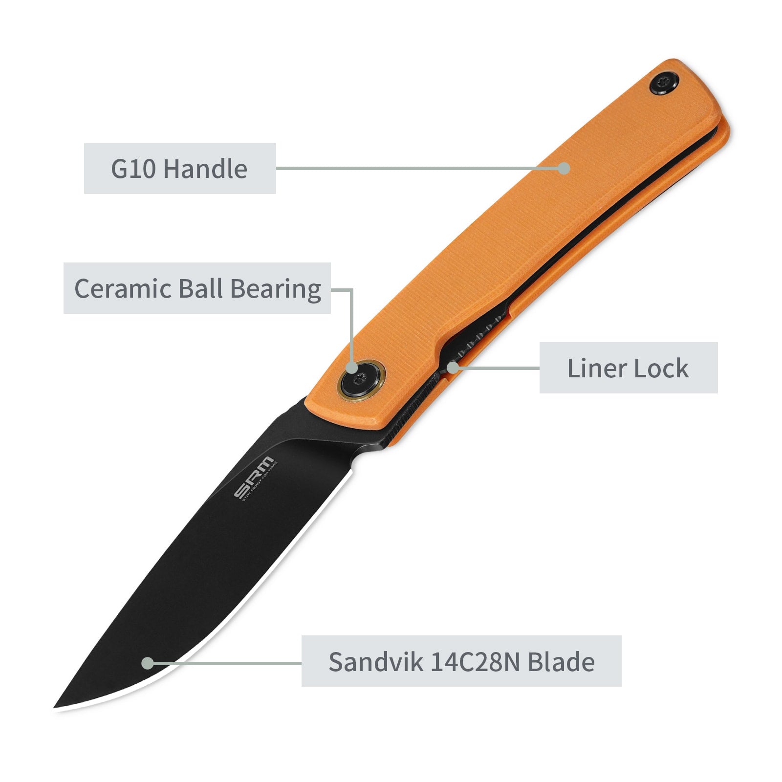 Feature labels of SRM Air 105M-GJ EDC knife: liner lock and steel blade