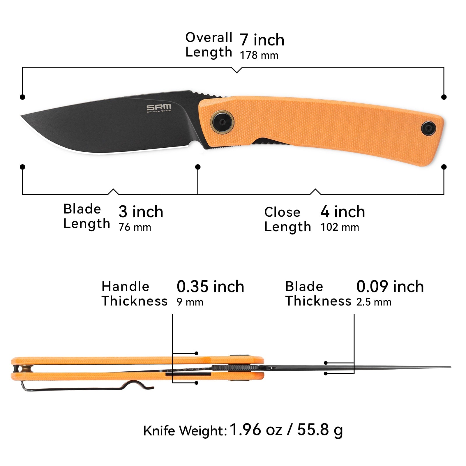 Dimensions and specs of SRM Air 105M-GJ EDC knife