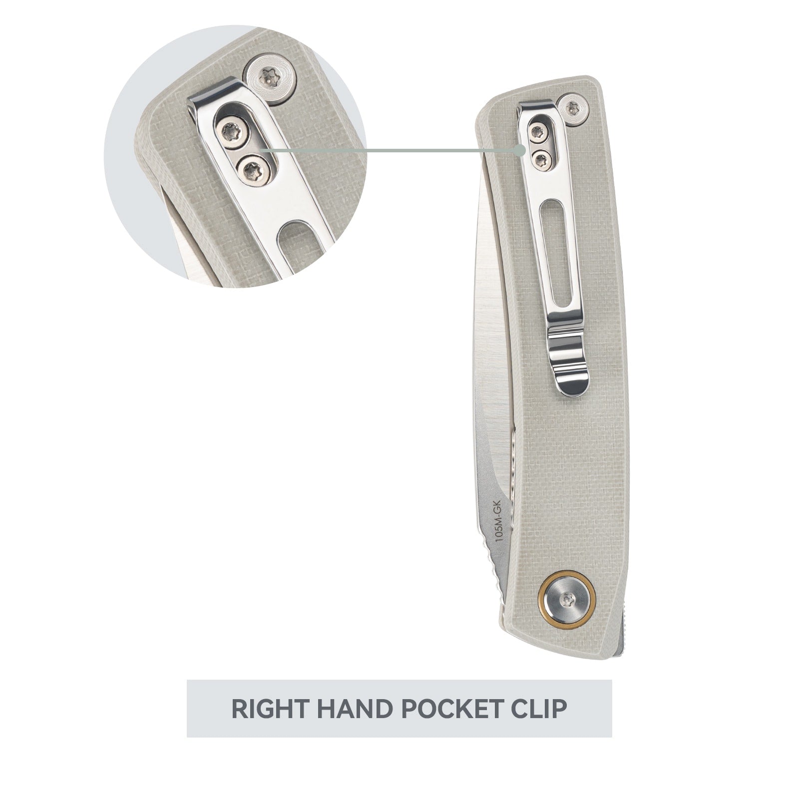 Close-up of SRM Air 105M-GK EDC knife right-hand pocket clip