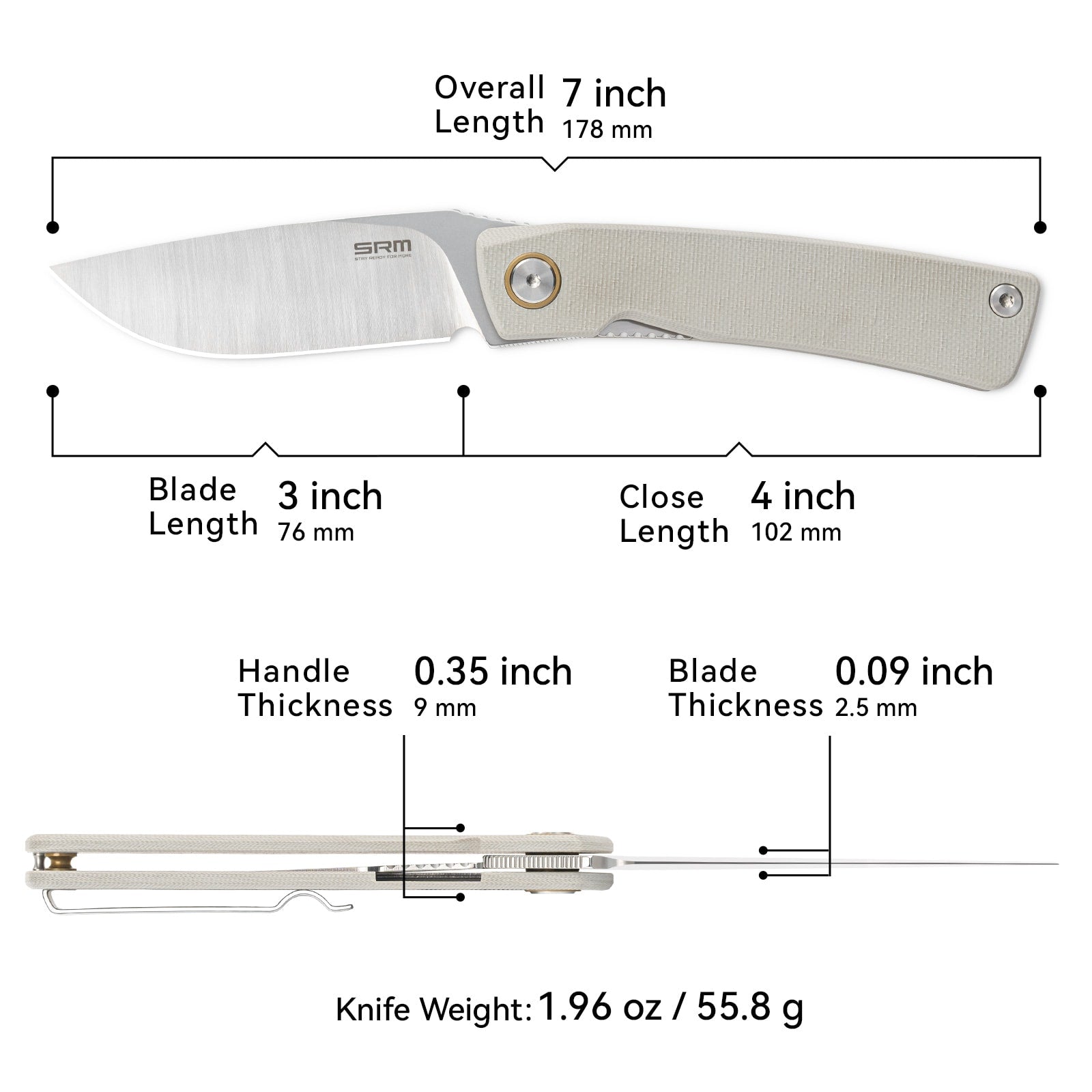Dimensions and specs of SRM Air 105M-GK EDC knife