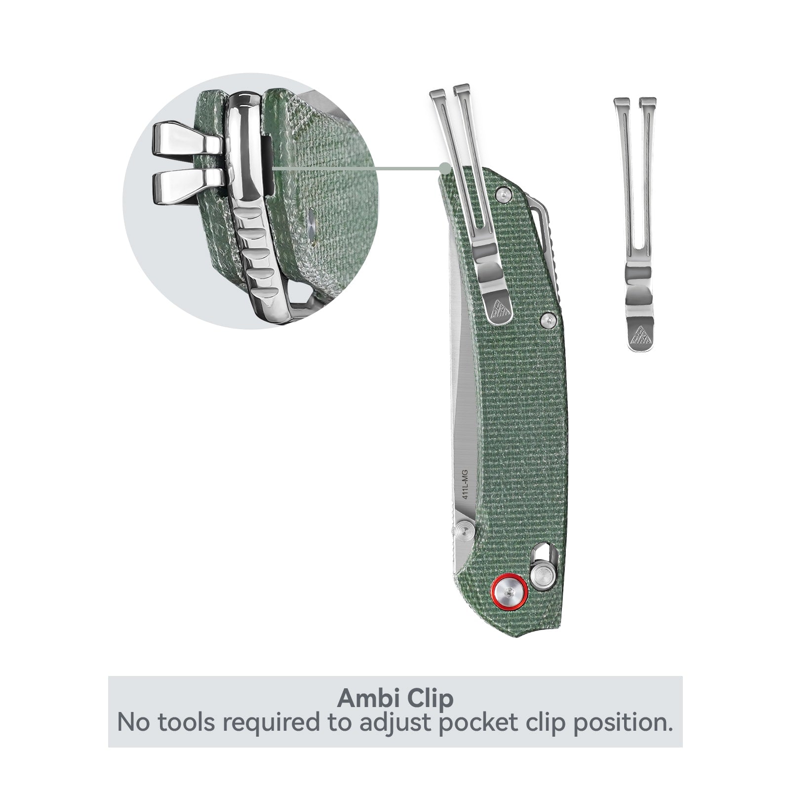 Close-up of SRM Asika 411L-MG EDC outdoor knife ambidextrous pocket clip