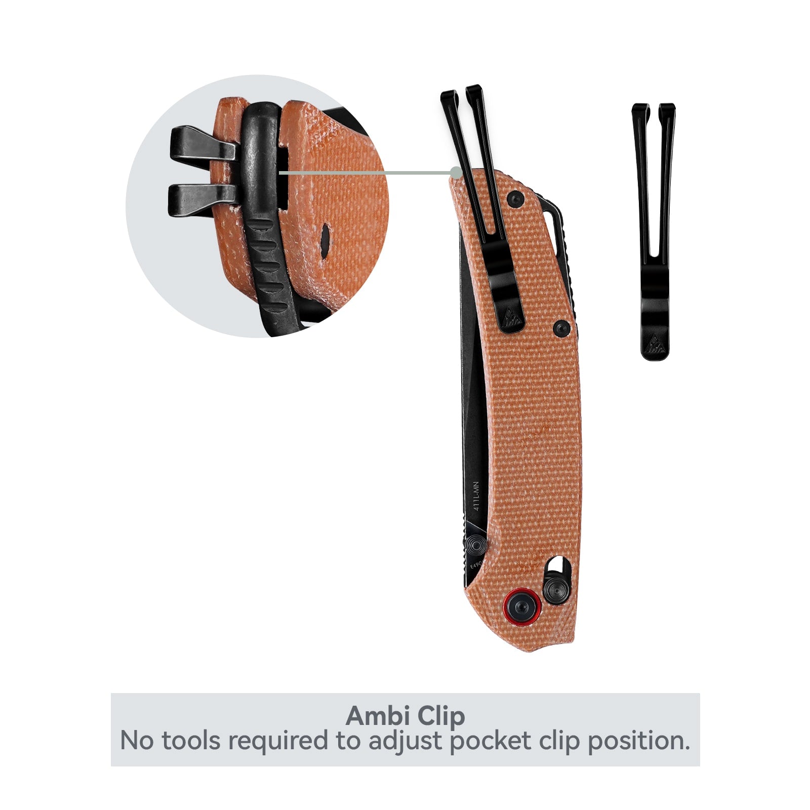 Close-up of SRM Asika 411L-MN EDC outdoor knife ambidextrous pocket clip