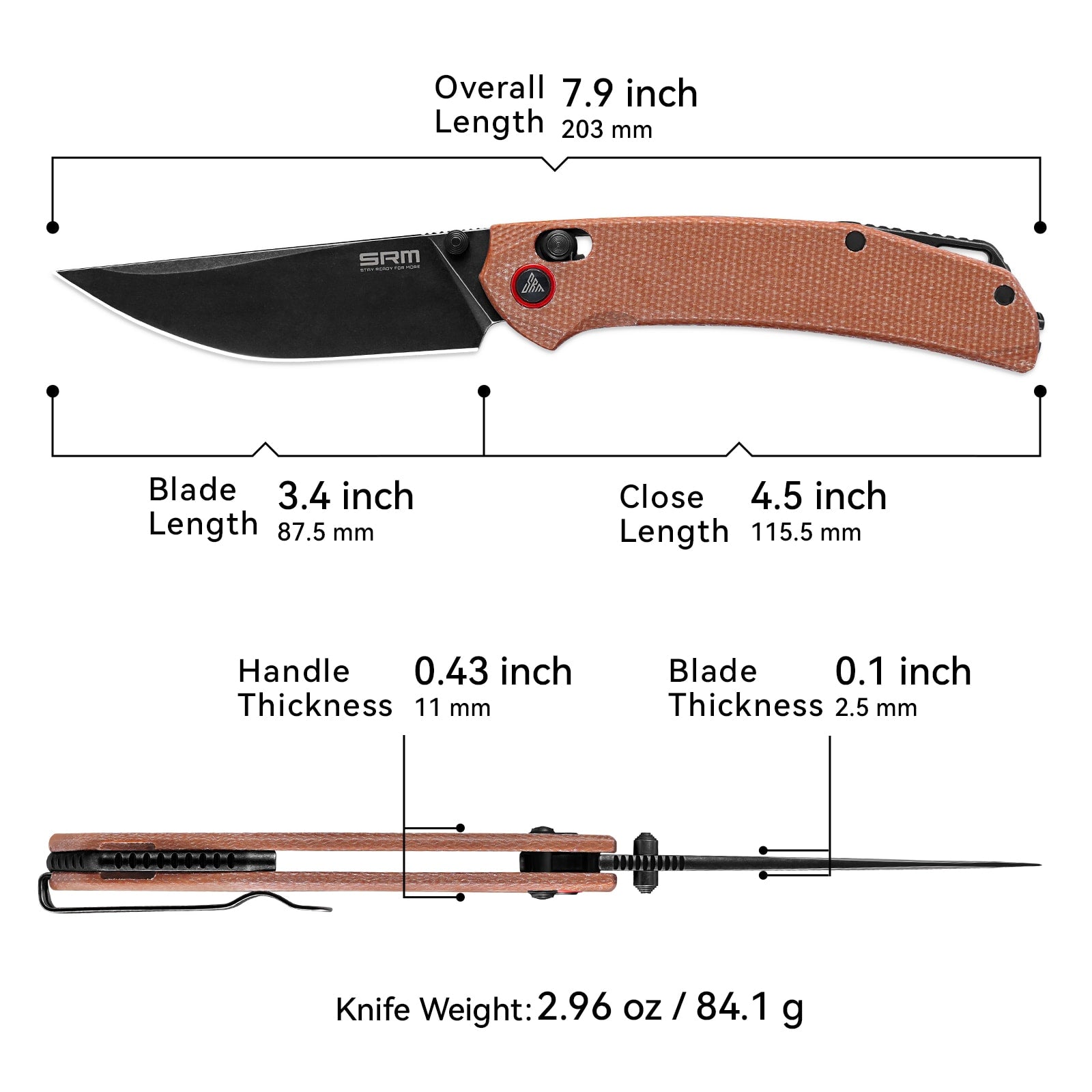 Dimensions and specs of SRM Asika 411L-MN EDC outdoor knife