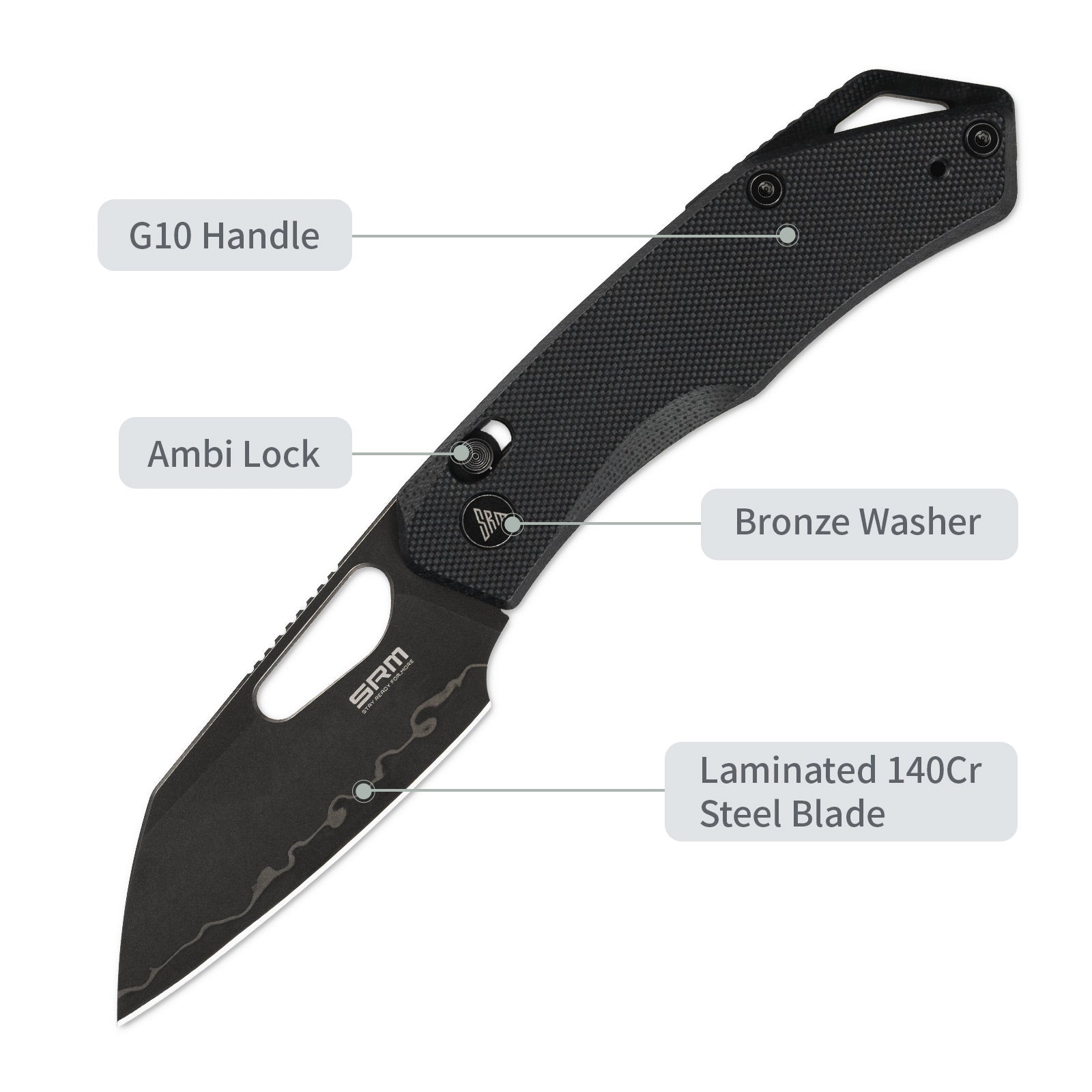 Feature labels of SRM Cub 261M-GB2 folding hunting knife: ambi lock and steel blade